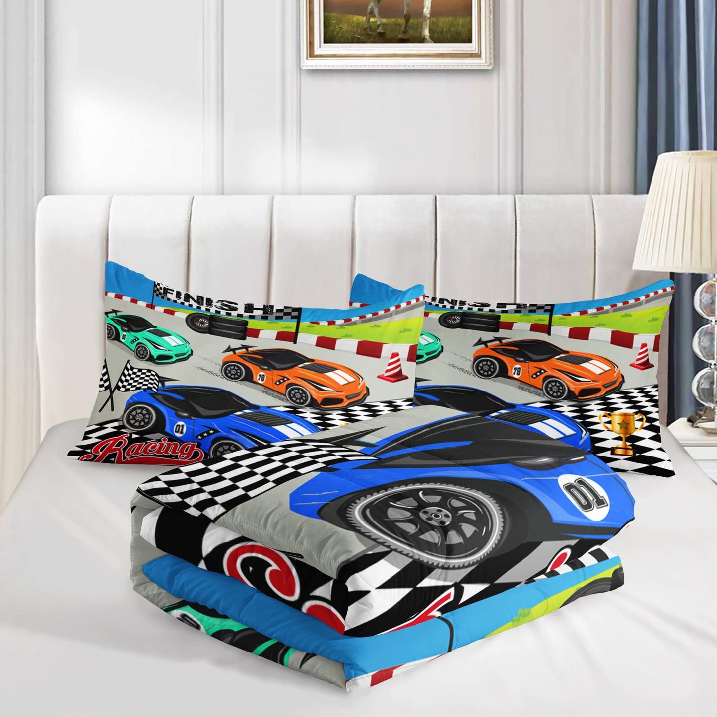 Axolotl Racing Car Bedding Set Twin,Cool Speed Race Car Down Comforter for Kids Boys Girls Teens,Car Theme Quilt with Three Cars Arrive at Finish,1 Comforter and 2 Pillowcases
