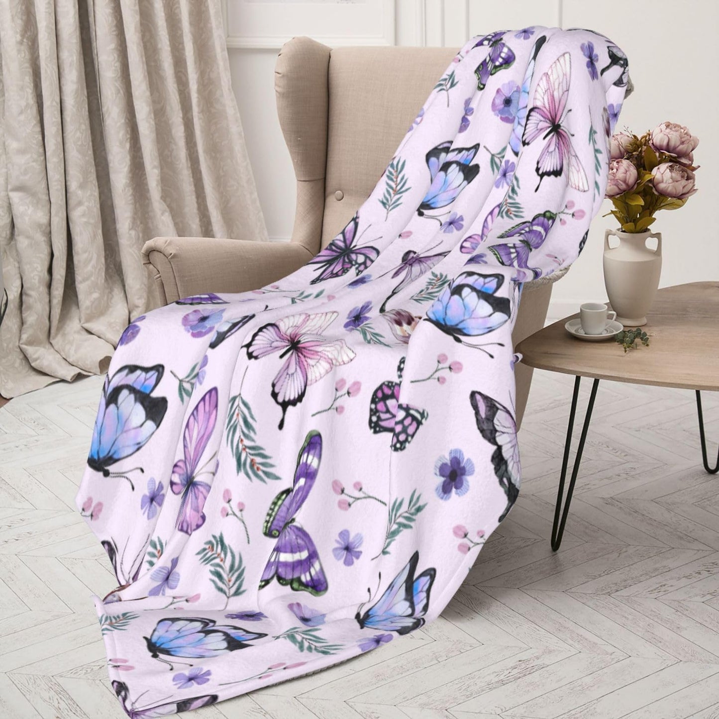 Butterflies Blanket Throw - Soft Warm Flannel Fleece Blanket for Women & Men, Lightweight Cozy Floral Blankets for Travel, Airplane, Bed, Couch, Car, Gifts Idea 50"x40"
