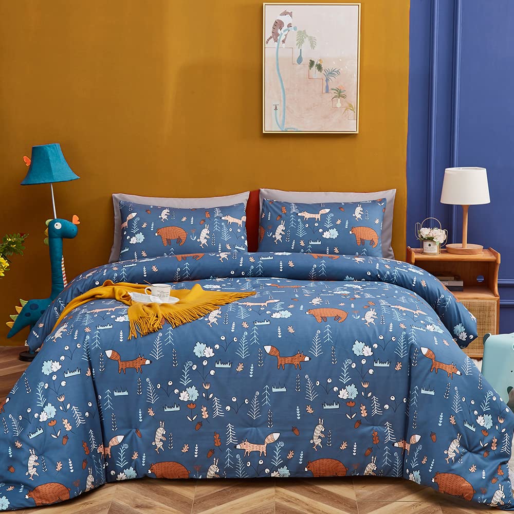 CLOTHKNOW Blue Animal Queen Duvet Cover Set Cartoon Bedding Duvet Cover Sets Forest Woodland Bedding Queen Rabbit Comforter Cover with 2 x Pillow Cases