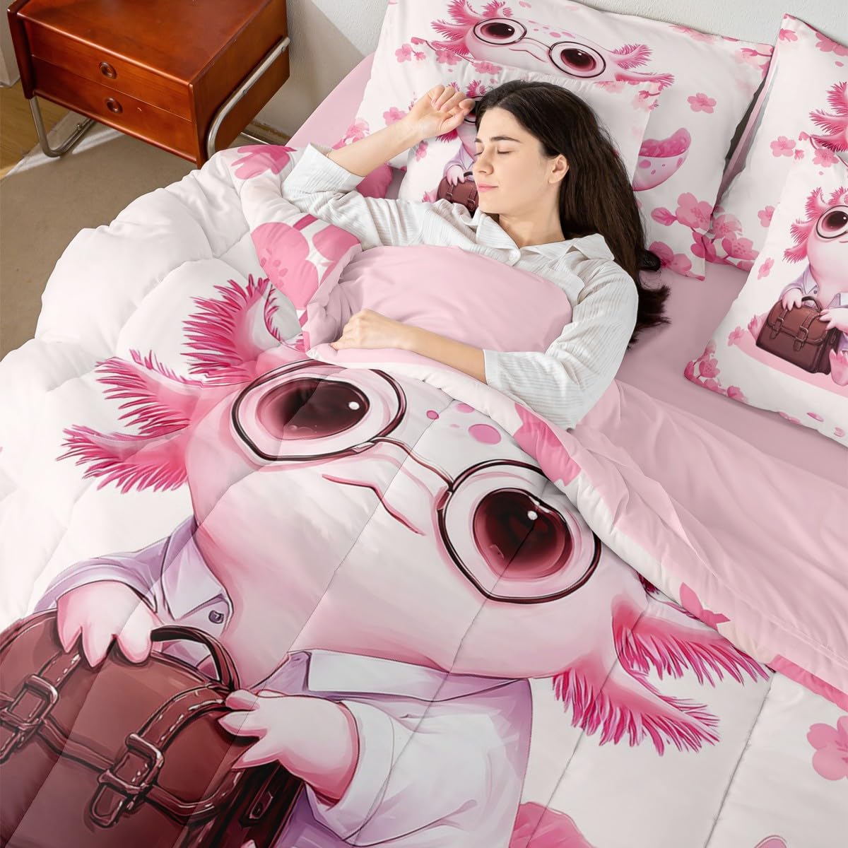 Erosebridal Pink Axolotl Comforter Set with Sheets (Queen Size,7 Pieces) | Pink Floral Cherry Blossom Quilt Cartoon Axolotl Bedding Sets Girly Cute Ocean Animal Bed in A Bag with Flat Fitted Sheets
