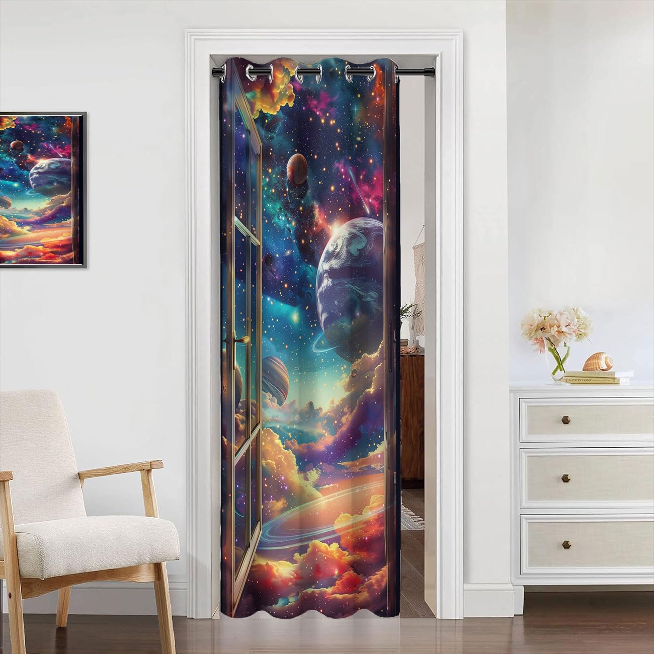 Chaohuan Space Fantasy Door Curtain, 3D Windows Colorful Galaxy Planets Stars Room Divider Curtain for Kids Boys Girls Teens Bedroom Living Room Closet 1 Panel 34" W X 80" L