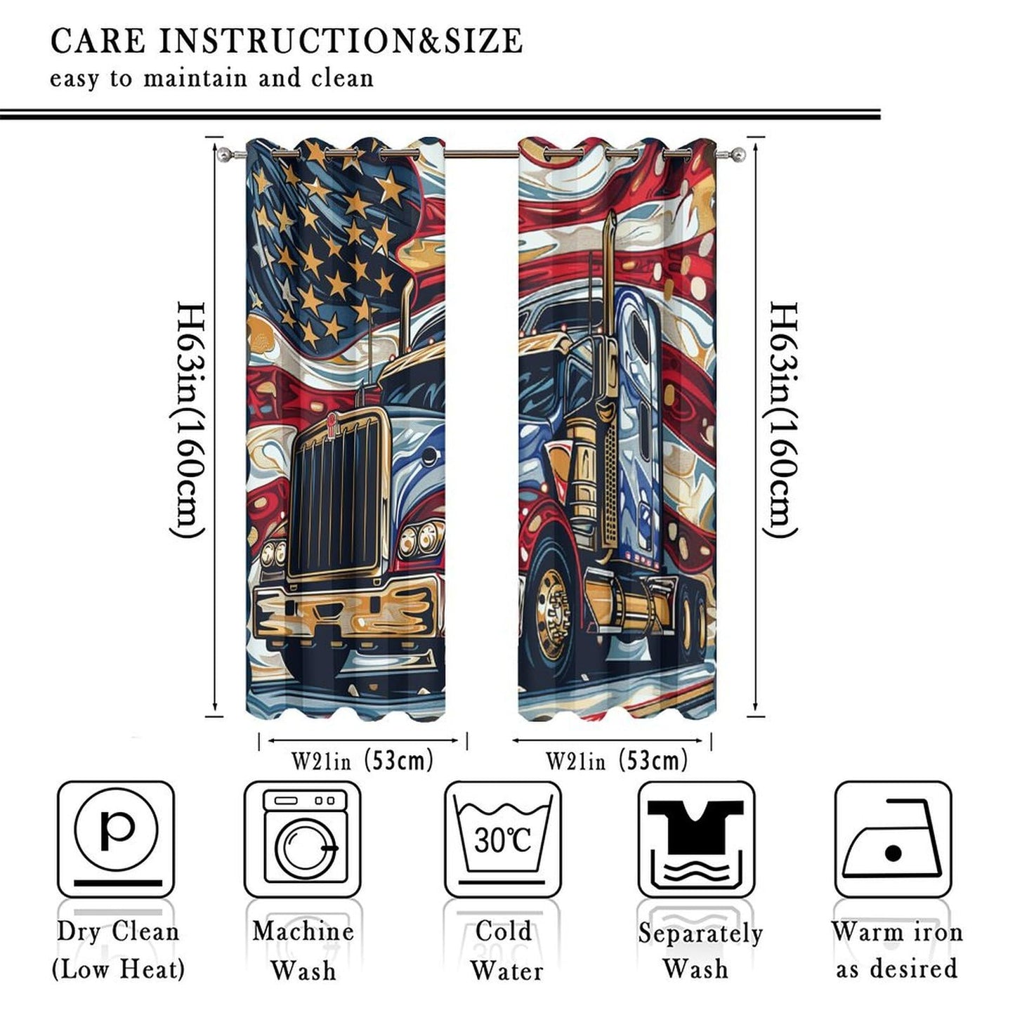 TOWINSFB American Flag Semi Truck Blackout Curtains for Bedroom/Living Room, Classic Vehicle USA Patriotic Grommet Curtains Thermal Insulated Window Drapes, 2 Panels, Each 21W x 63L