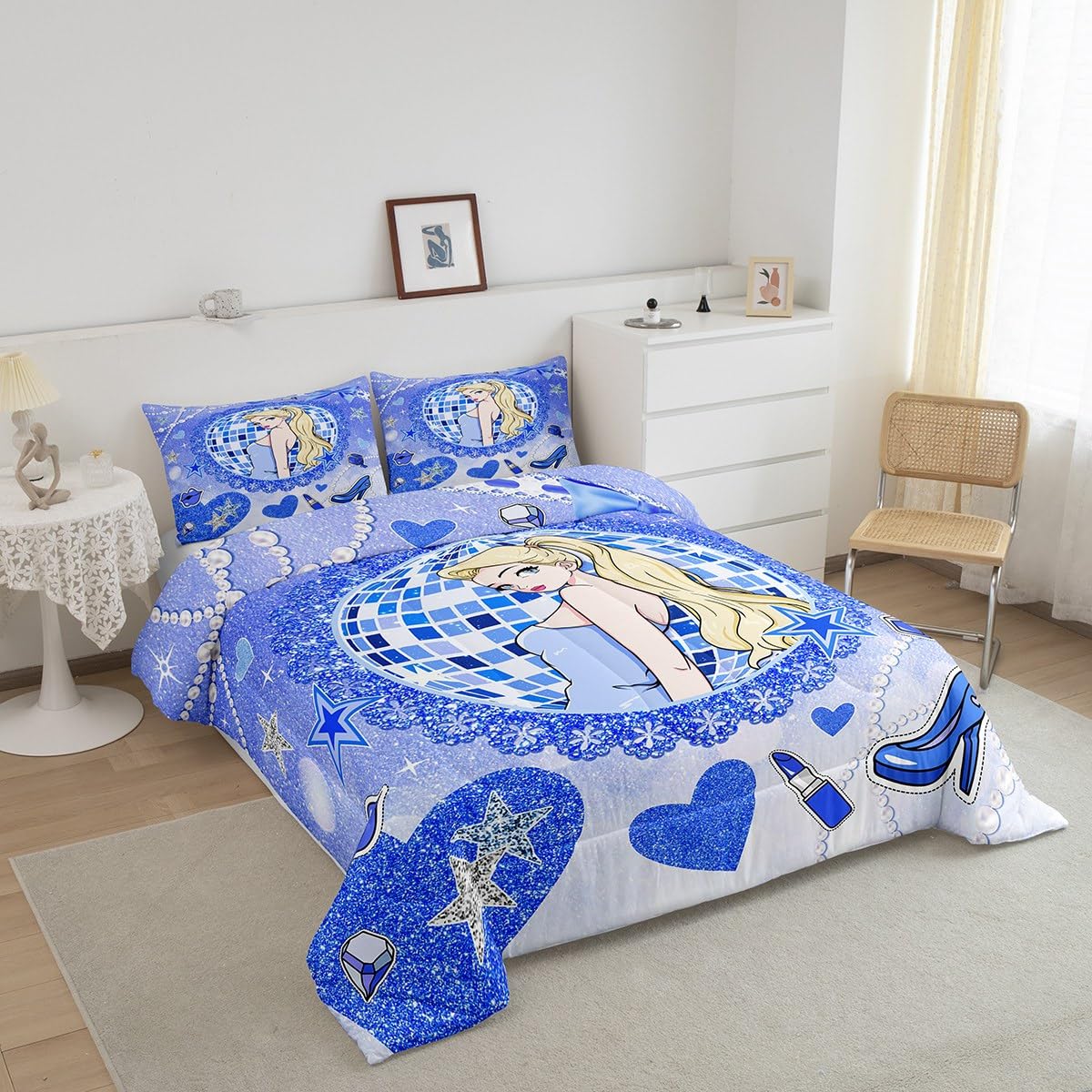 Princess Girly Kids Comforter Set Queen Size,Bowknot High-heeled Shoes Lip Dreamy Bedding Set,Girls Women Room Decor,Glitter Sequin Star Diamond Down Comforter,Blue Noble Duvet Insert,2 Pillowcases