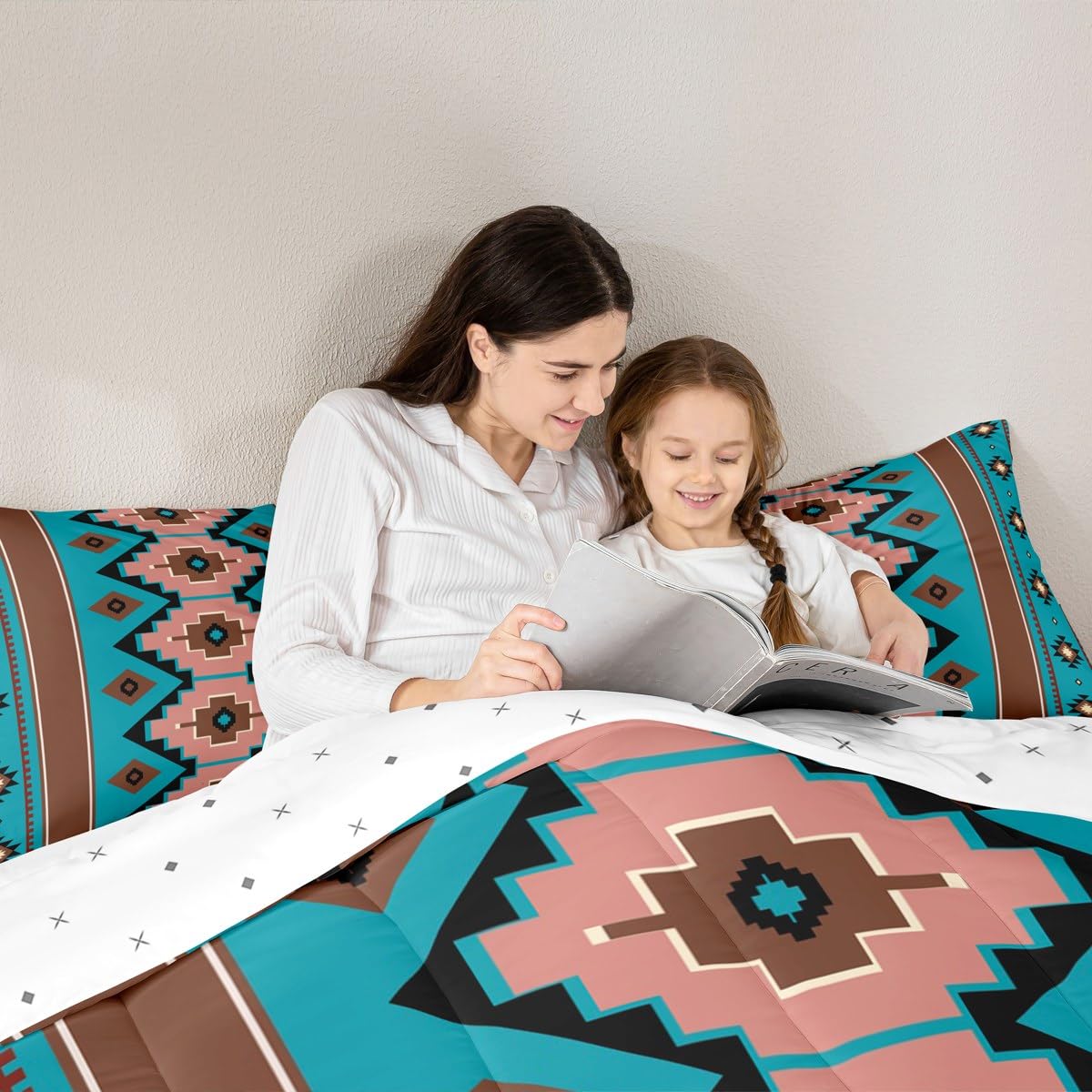 Feelyou Boho Aztec Kids Comforter Set Twin Size West Bedding Set Teel Brown Duvet Quilt for Kids Boys Girls Bedroom Western Decor Microfiber Ultra Soft Breathable