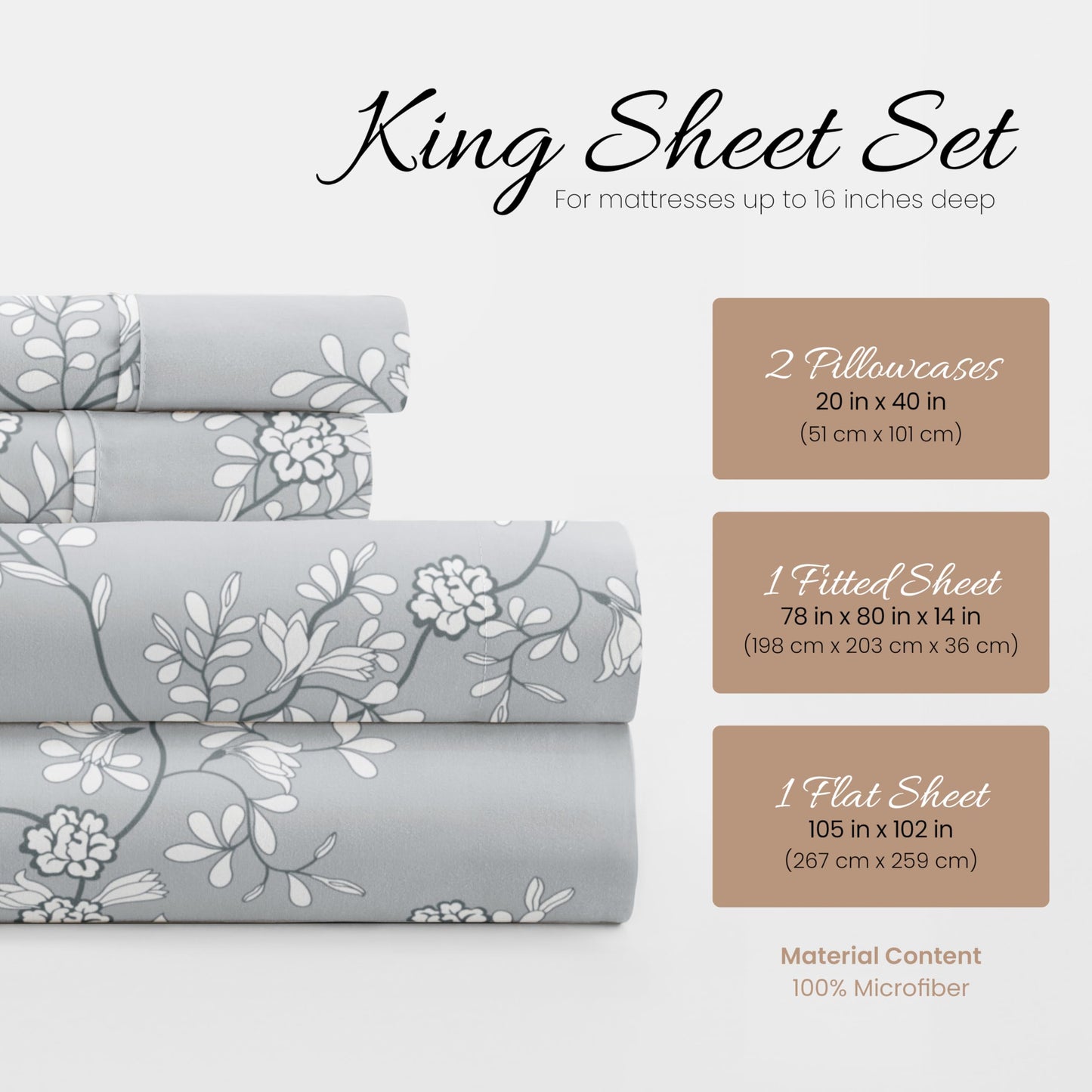 Linen Market Patterned Microfiber King Sheet Set 4 Piece – Oeko-TEX Certified Ultra Soft & Wrinkle-Free - 16" Deep Pocket Sheets - Easy Care King Size - Trellis Vine Light Gray
