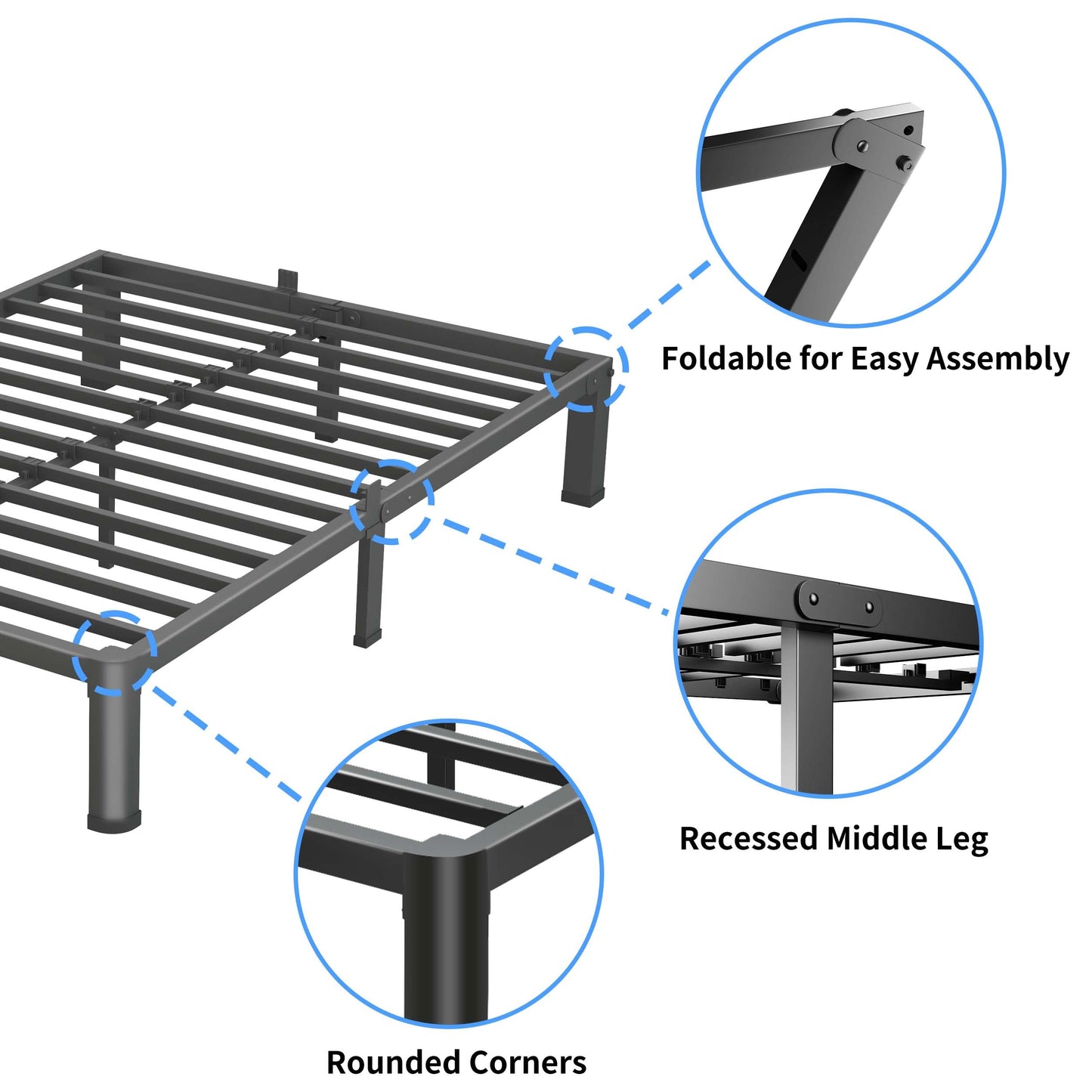 VIPSHOW 4 Inch Queen Bed Frame, 3500Lbs Heavy Duty Metal Platform with Round Corner Legs Mattress Slide Stopper, Steel Slat Support No Box Spring Needed, Noise Free, Non-Slip, Easy Assembly
