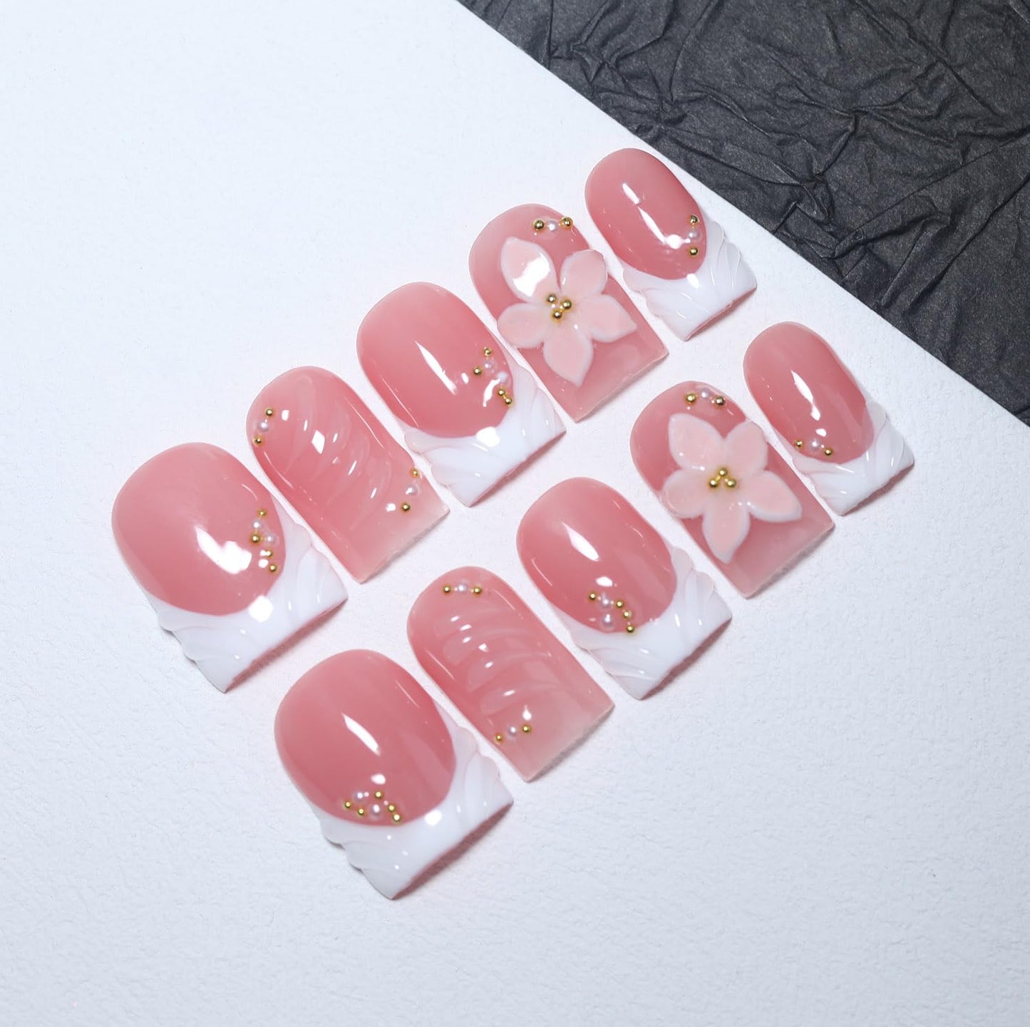 EasierGlow 10Pcs Handmade Short Square Press On Nails | Easy Apply & Remove, Reusable Salon Quality Nails | Pink Press Ons with White French Tips, 3D Floral & Gold Bead Accents (Y213, S)