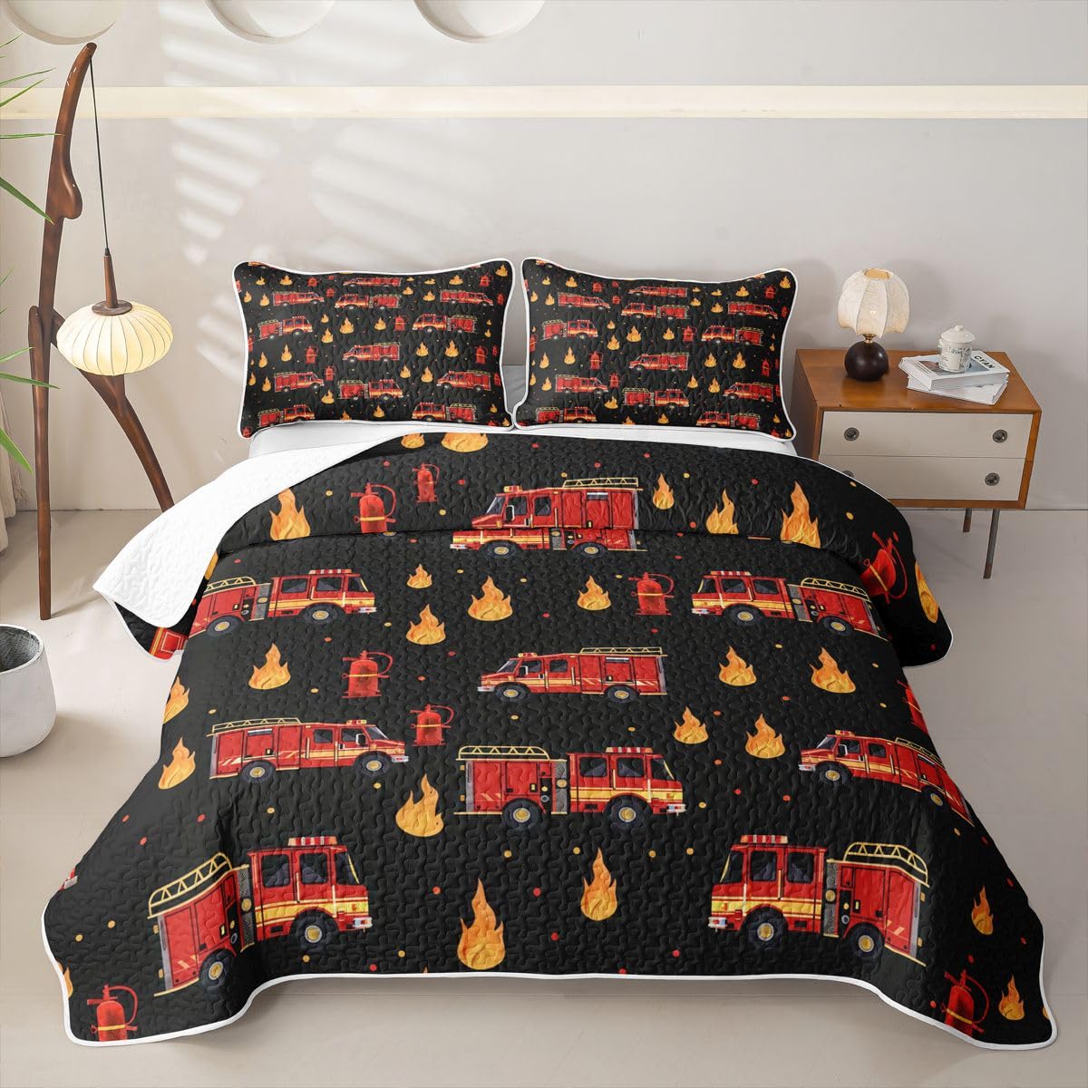 Erosebridal Fire Truck Quilt Set Twin Size Black and Red Bedspread Set Cartoon Red Firemen Car Quilts for Kids Boys Teens Adults Fire Engine Quilt Bedding, Lightweight