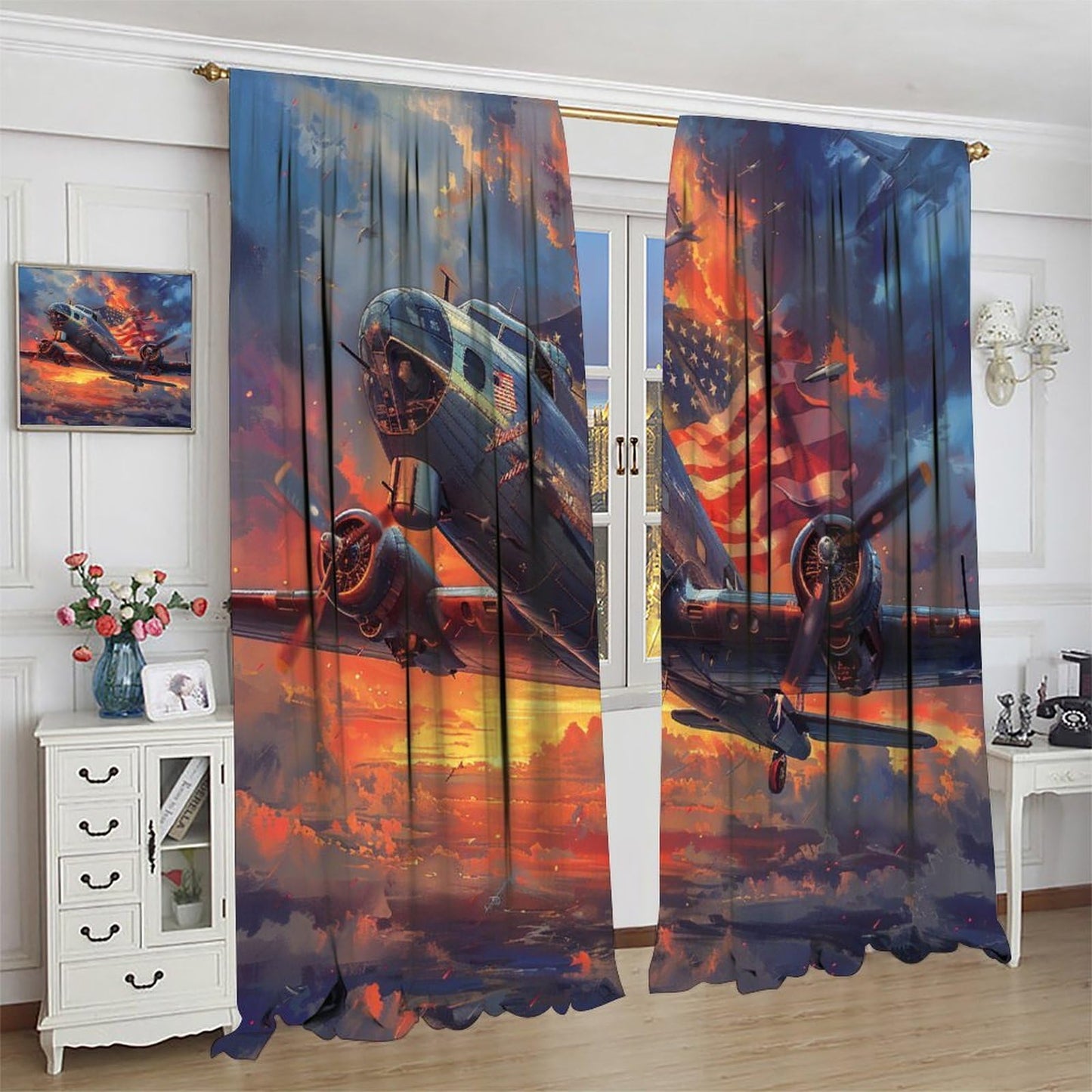 TOWINSFB American Flag Airplane Blackout Curtains, Retro Sunset Aircraft USA Patriotic Home Decor Rod Pocket Window Drapes for Living Room Bedroom - 2 Panels, Each 21" W x 63" L