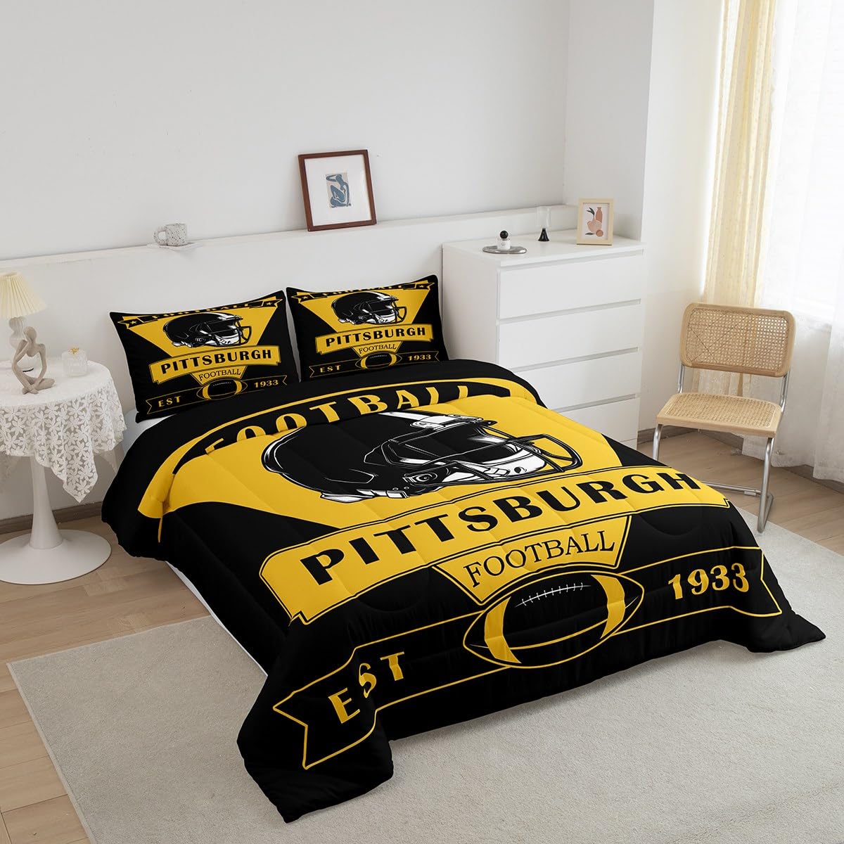 Feelyou Football Comforter Set,Pittsburgh Bedding Set Full Size,American Football City Comforter,Football Fans Gifts Bed Set