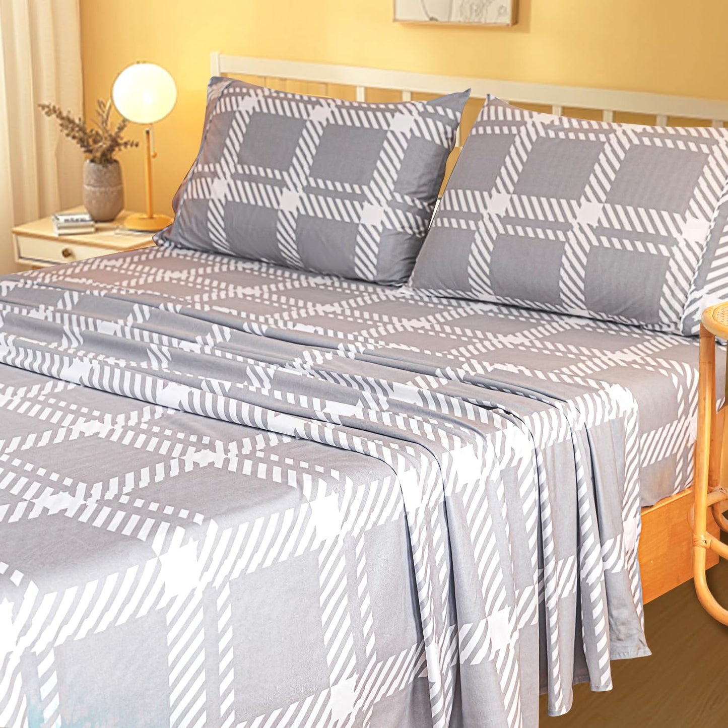 Marquess Printed Flannel Sheets Queen Size, Microfiber Brushed Flannel Bed Linen Set Deep Pocket Ultra Soft & Durable, 4 Piece (Grey, Queen)