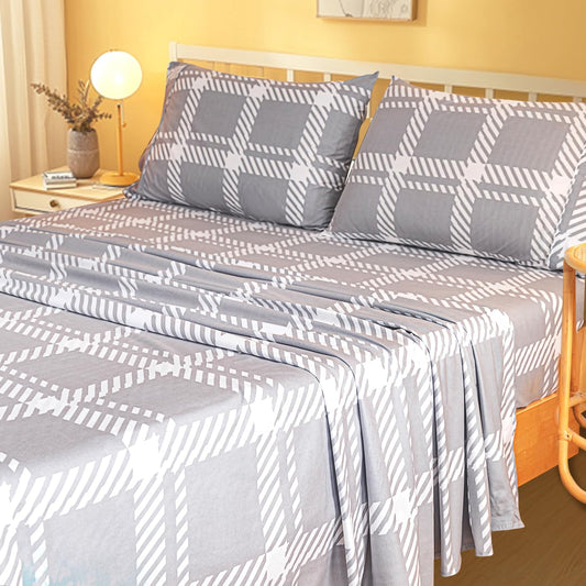 Marquess Printed Flannel Sheets Queen Size, Microfiber Brushed Flannel Bed Linen Set Deep Pocket Ultra Soft & Durable, 4 Piece (Grey, Queen)