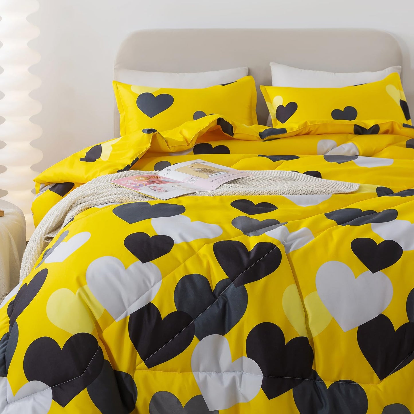 Caressma Twin Size Comforter Set for Boys Farmhouse Yellow Bedding Set with Black Heart All Season Fluffy Soft Lightweight(1 Comforter & 1 Pillowshams)