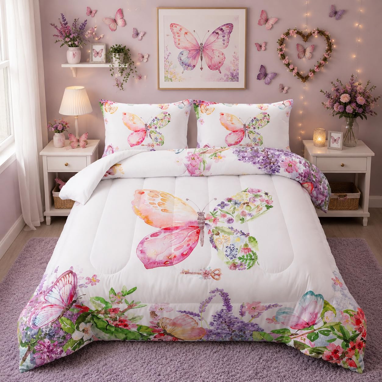 Nttopship Kids Butterfly Comforter Set King Size for Girls，Tie Dye Butterflies Bedding Set for Bedroom, Butterflies Toddler Bedding Set All Season 1 Comforter and 2 Pillowcases