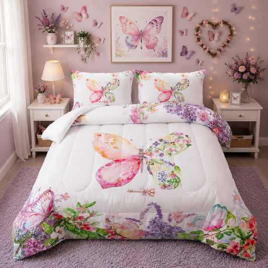 Nttopship Kids Butterfly Comforter Set King Size for Girls，Tie Dye Butterflies Bedding Set for Bedroom, Butterflies Toddler Bedding Set All Season 1 Comforter and 2 Pillowcases