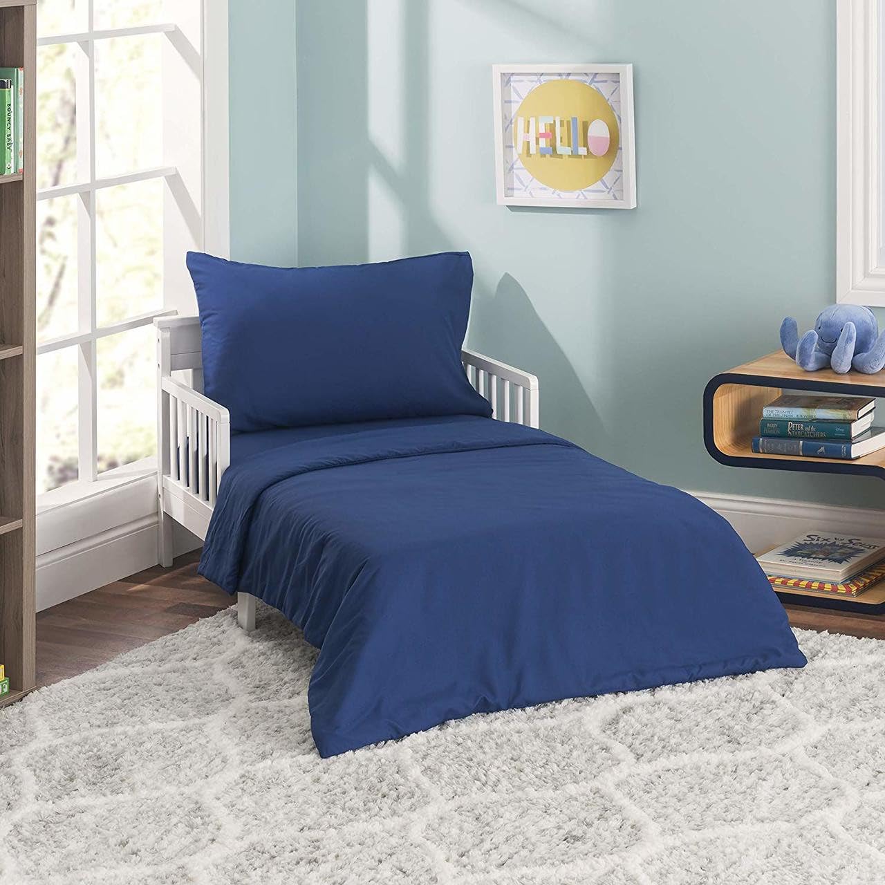 EVERYDAY KIDS 4 Piece Toddler Bedding Set - Includes Comforter, Flat Sheet, Fitted Sheet and Reversible Pillowcase - Solid Navy