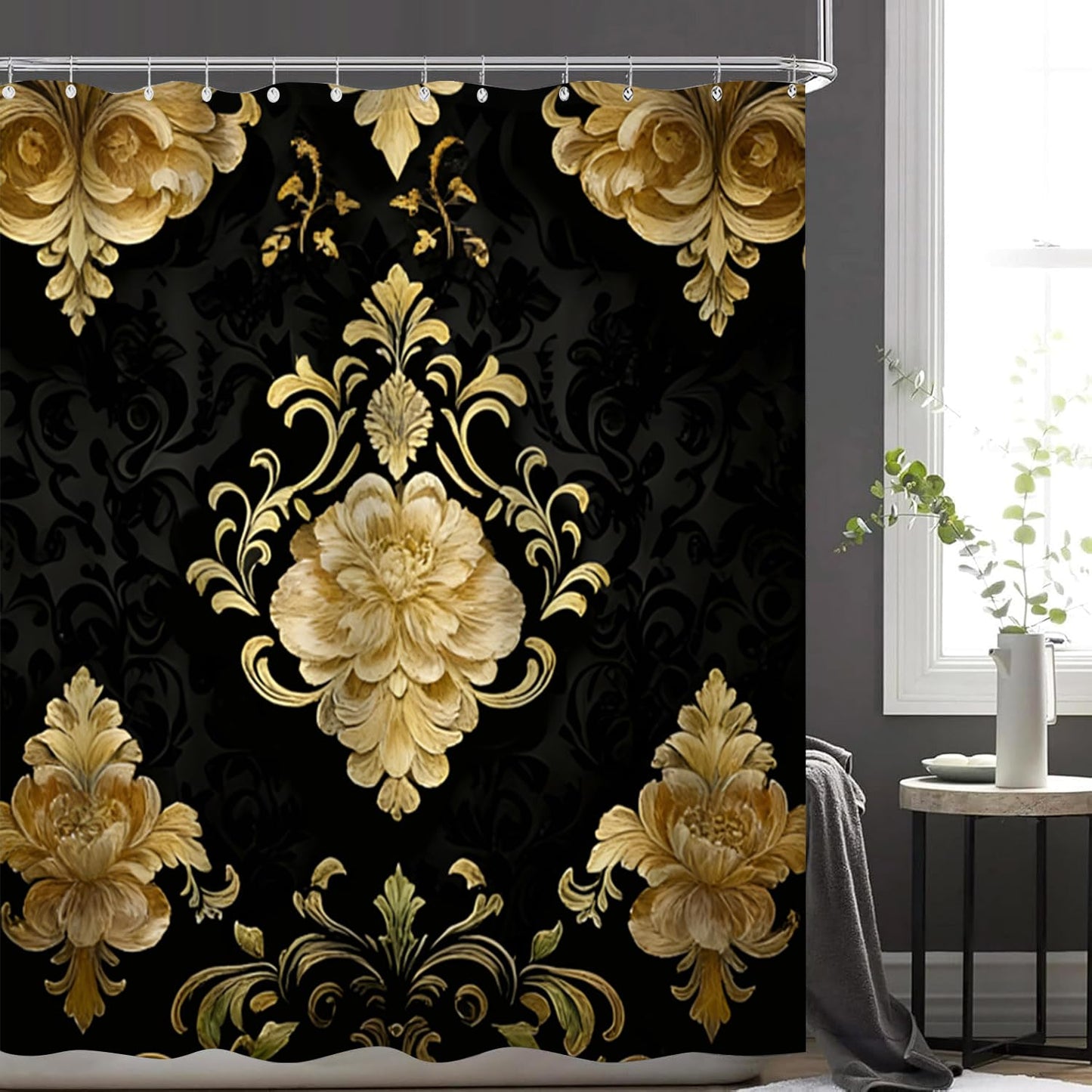 NBVKO 4Pcs Luxury Damascus Gold Flower Shower Curtain Set with 12 Hooks Non-Slip Rugs,Toilet Lid Cover and Bath Mat,Dark Gold Bathroom Decor for Hotel & Home Bathroom