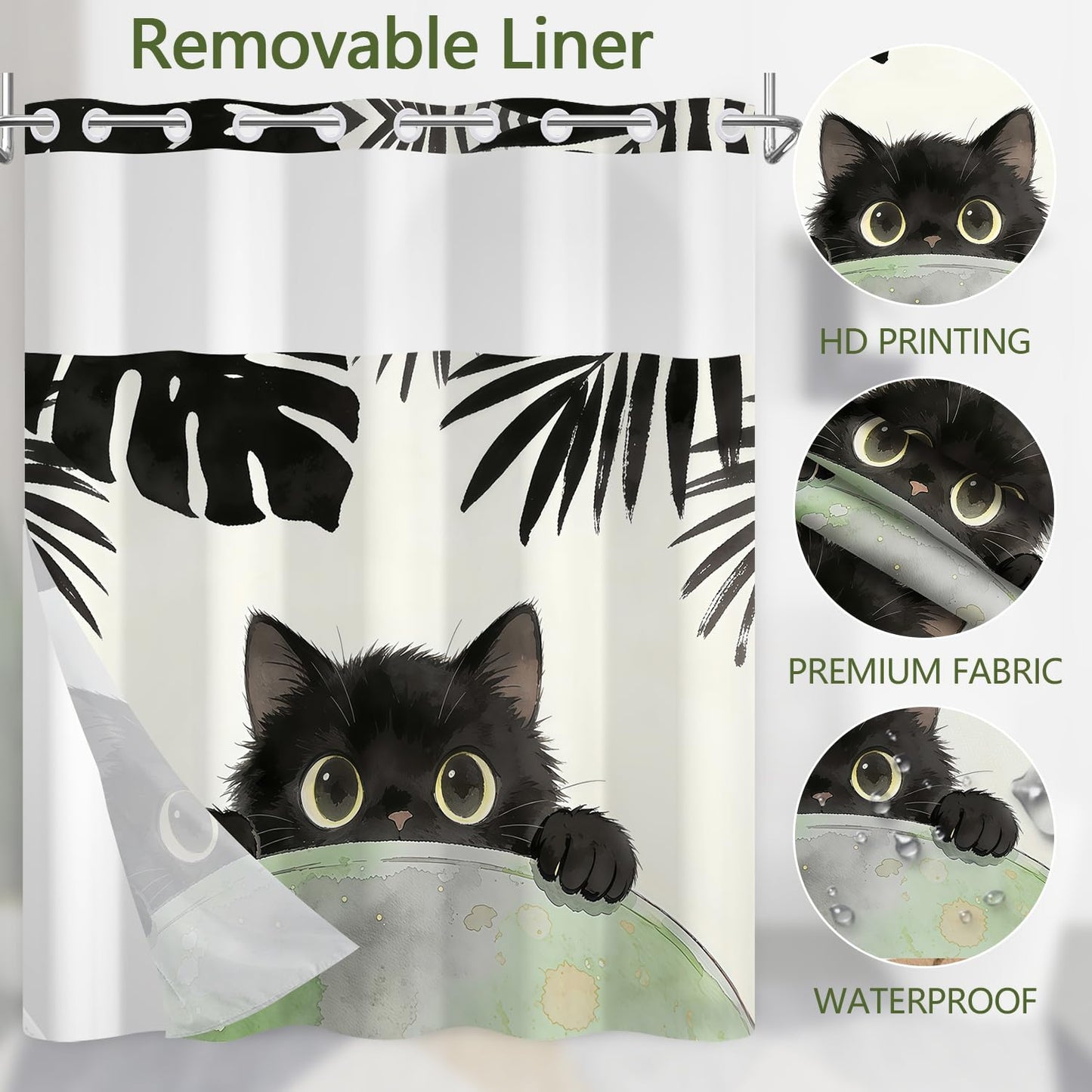 Xiazhilaio No Hook Black Cat Shower Curtain with Snap-in Liner 71 x 74 Inch