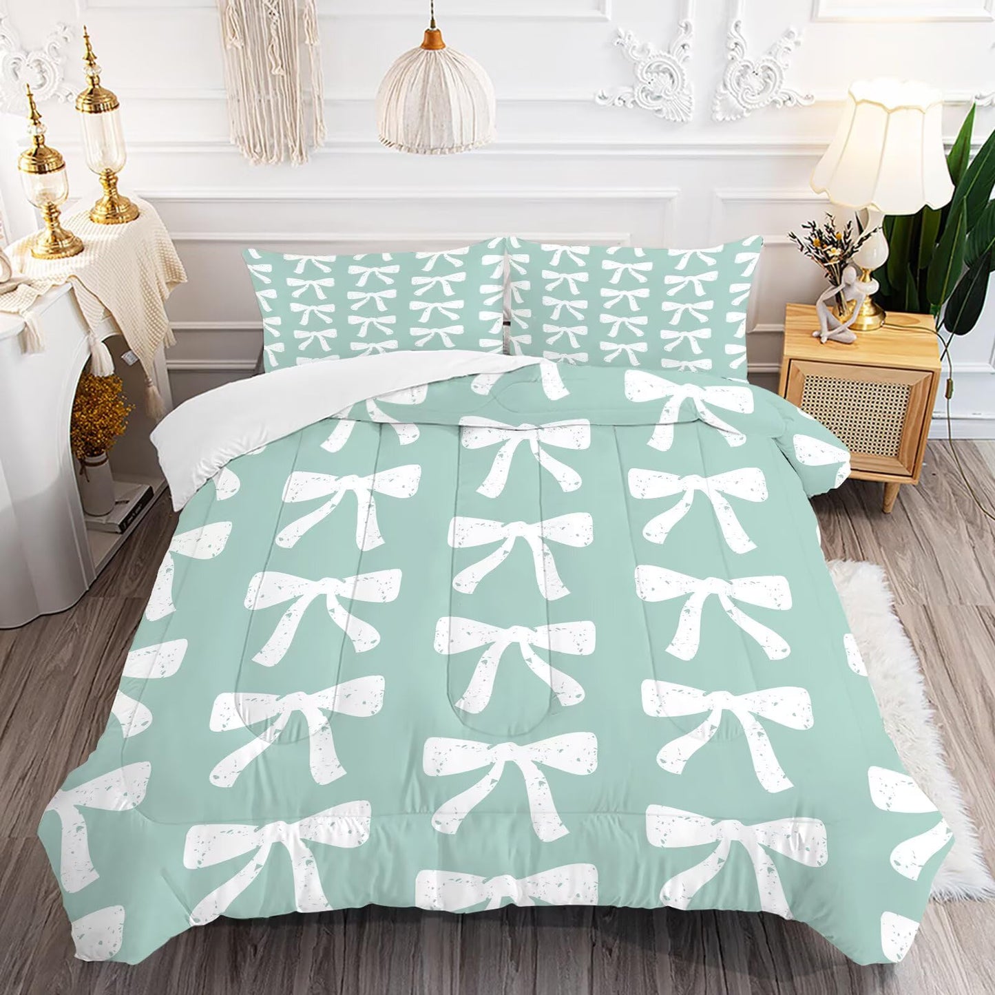 DJNEAR Green Bow Comforter Set Twin Size Cute Girls Bedding Sets for Kids Teens Women Bedroom Kawaii Bowknot Quilt Room Decor 1 Comforter 1 Pillowcase