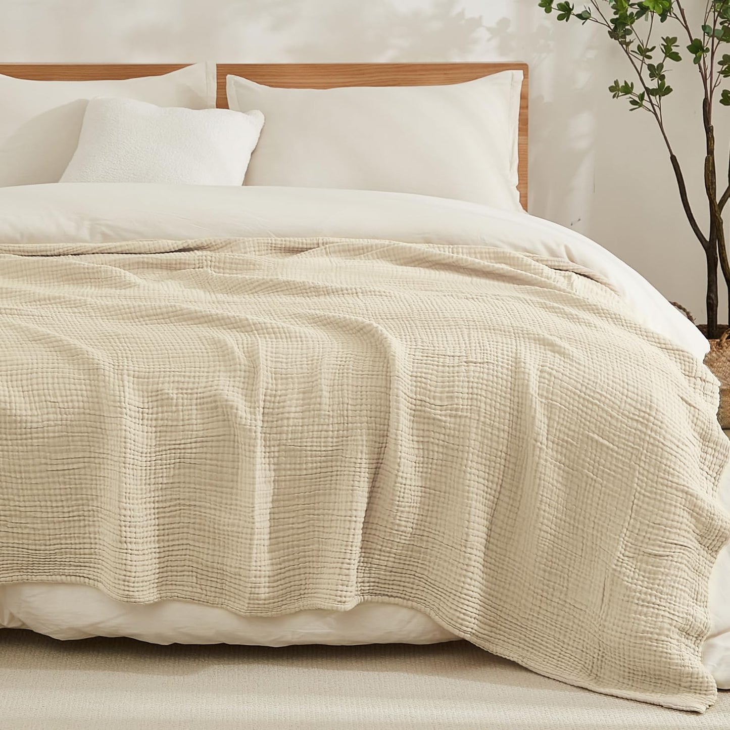 EMME Cotton Blanket King Size for Bed Soft Muslin Blankets 108"x90" Beige Lightweight Breathable Layering Bedspread Coverlet All Season Gauze