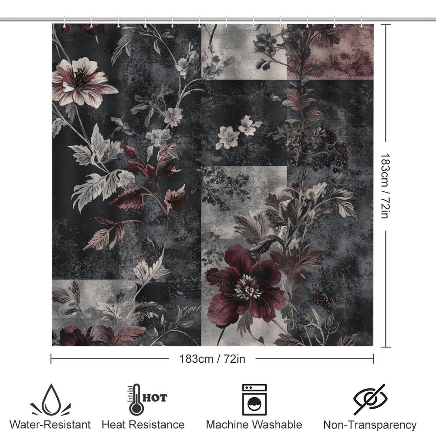DIPQIMI 4Pcs Luxury Floral Botanical Shower Curtain Sets with Rugs, Toilet Lid Cover and Bath Mat, Classic Patchwork Pattern Bathroom Shower Curtains Set with 12 Hooks