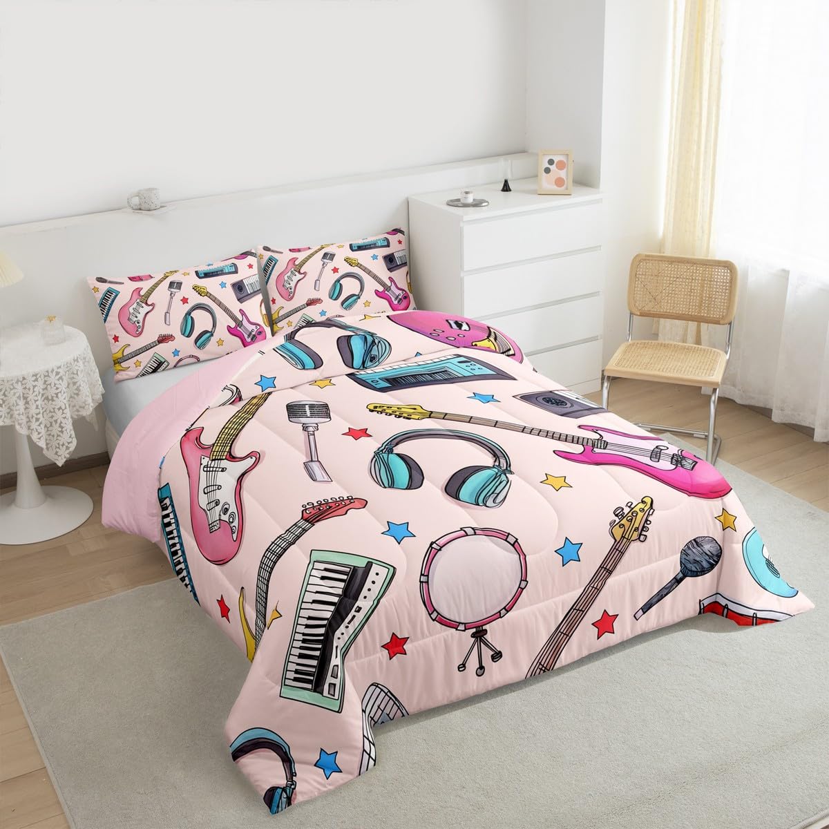 Erosebridal Rock Music Bedding Set Queen Musical Instruments Comforter Set for Kids Boys Girls Microphone Headphones Keyboard Down Comforter,Music Lovers Quilt Duvet