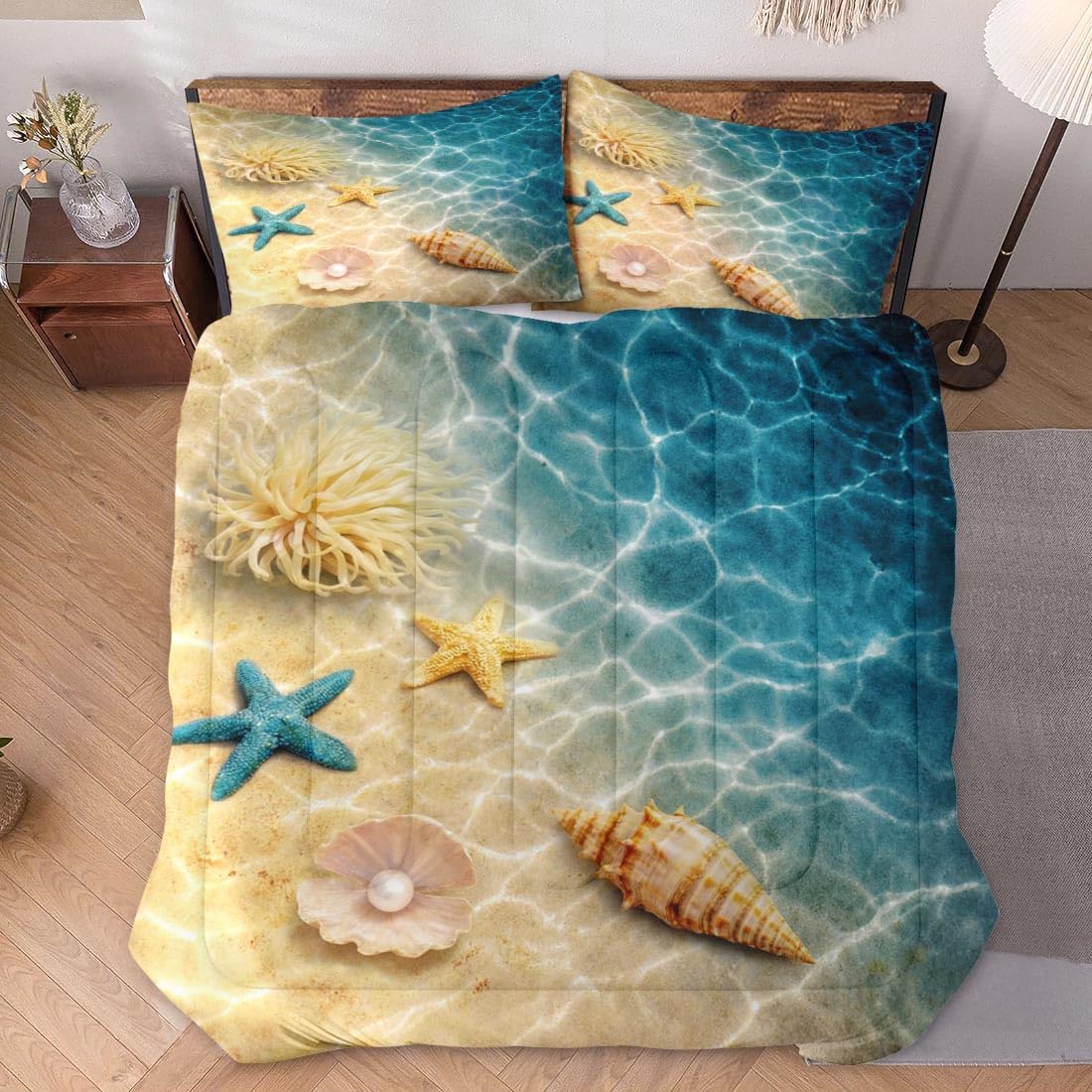 WeCozy Queen Size Comforter Set with 2 Pillowcases, Summer Marine Seashell Starfish Beach Ocean Soft 3 Pcs Bedding for Kids and Adults Bedroom Bed Decor