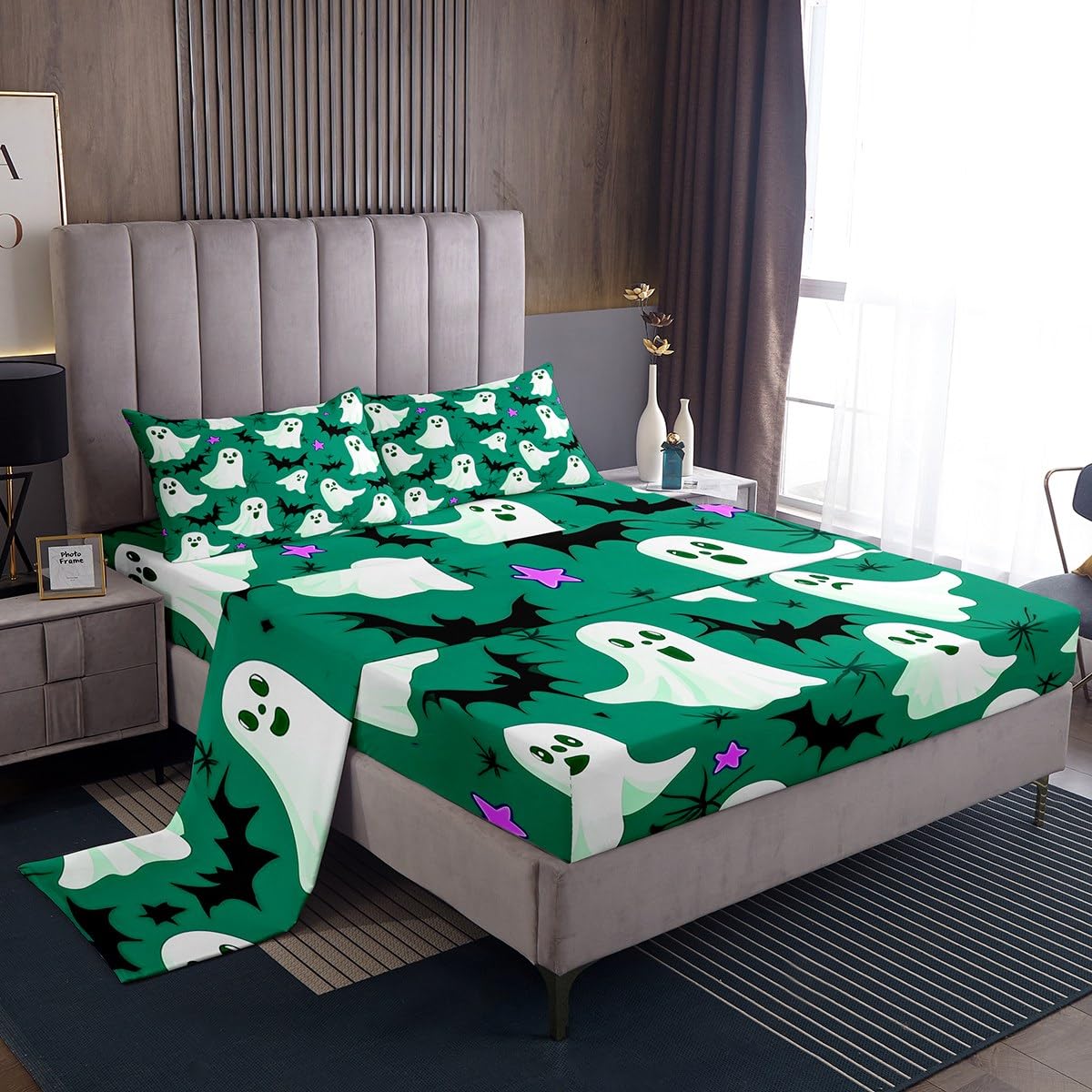 Feelyou Kids Halloween Sheet Set Queen Size, Cute Ghost Bed Sheets Set Boys Girls Ghost Festival Sheets with Deep Pocket Fitted Sheet Cartoon Bats Teens Bedding Set Bedroom Decor 4Pcs