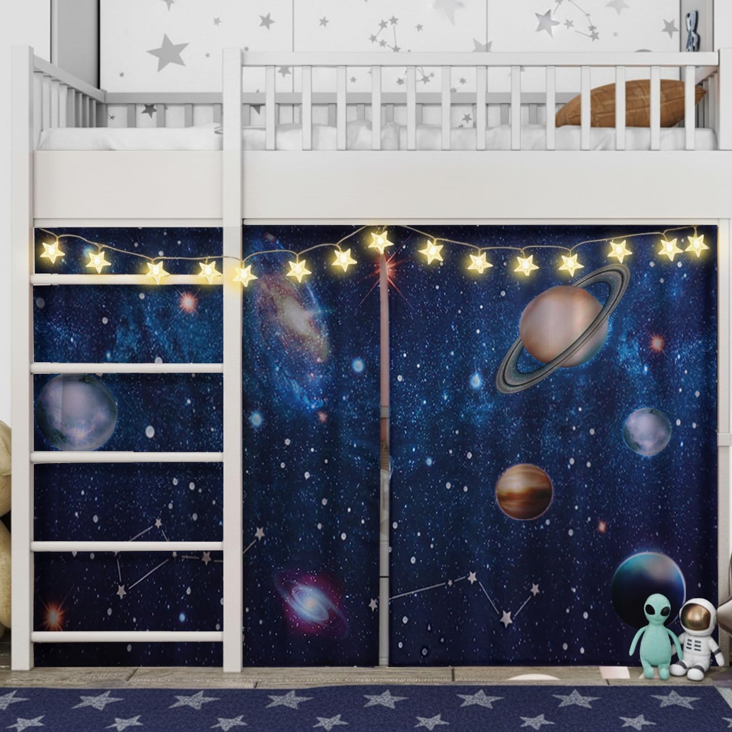 Frienda Galaxy Loft Bed Tent Curtain Set 75 x 36 x 41.5 Inches Space Bunk Bed Tent with String Light Galaxy Blackout Curtains Decoration for Home Bedroom Dorm Privacy Protection Decoration