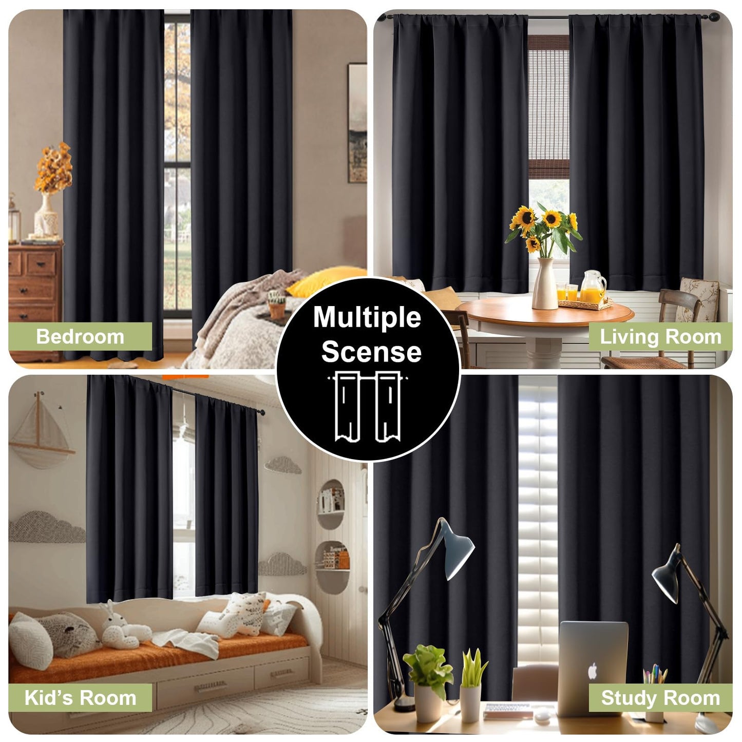 OWENIE Sally Blackout Curtains 84 Inches Long 2 Panels Set for Bedroom Living Room, Solid Thermal Insulated Privacy Room Darkening Window Treatment Drapes, 2 Pcs Each W40 x L84 Inch, Black