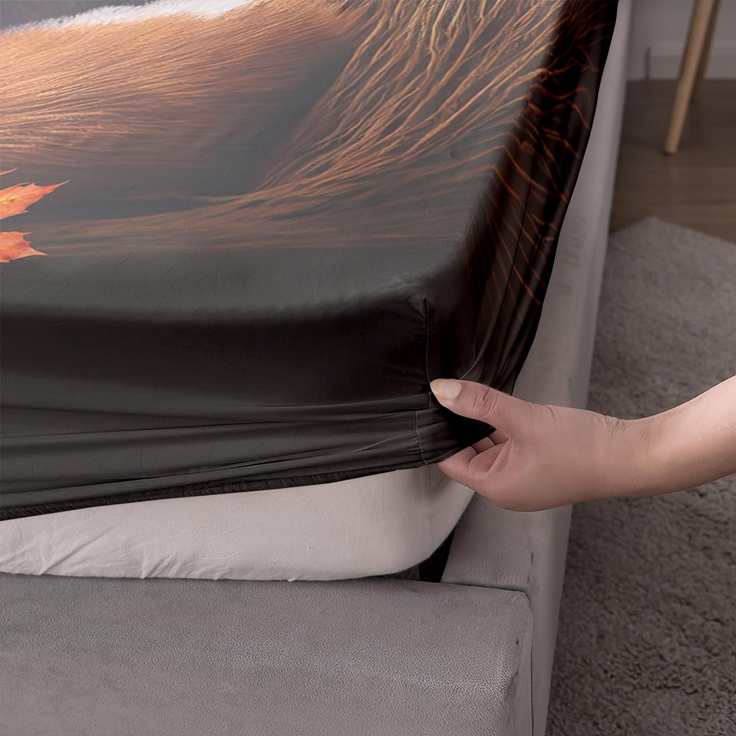 AILONEN Fox Fitted Sheet Set Twin XL Size, Autumn Maple Leaves Orange Animal Bed Sheet Set,Cartoon Fox Sheets Set for Kids Boys Girls,3 Pieces, 1 Fitted Sheet and 2 Pillowcases
