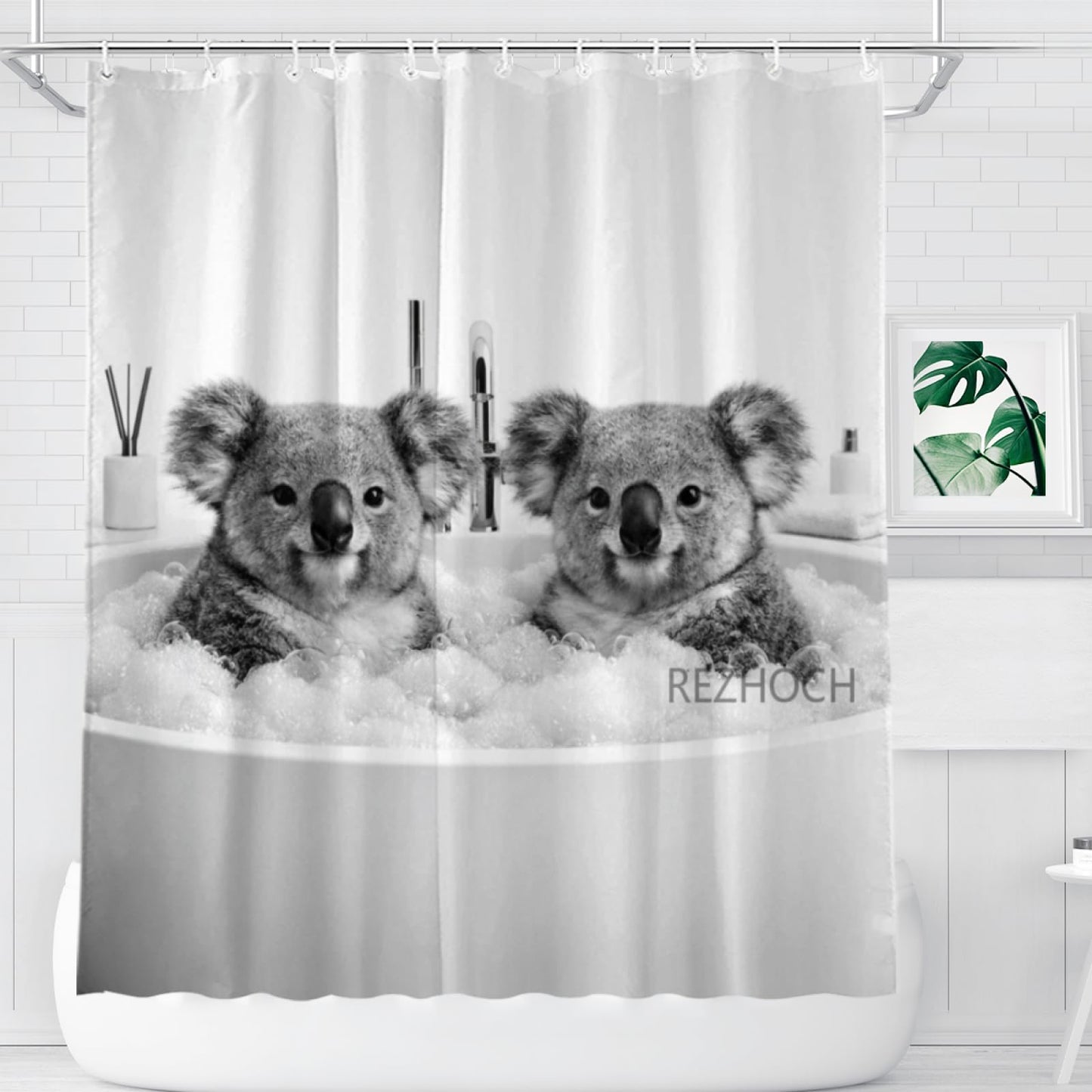 REZHOCH Modern Minimalist Funny Koala Shower Curtain 72x72 Inch, Luxury Black and White Cute Animals in Bathtub Bubbles Bathroom Decor,Waterproof Fabric Bath Set with Hooks