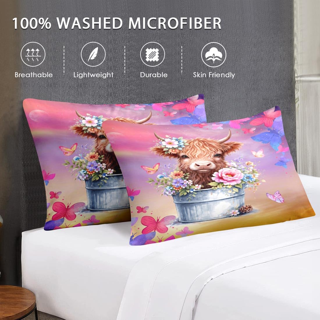 WeCozy 4 Pcs Queen Size Bed Sheet Sets with 2 Pillowcases, Cow Butterfly Floral Soft Microfiber Bedding for Kids and Adults, Boho Highland Cow Flat, Fitted Sheet for Bedroom Bed Decor