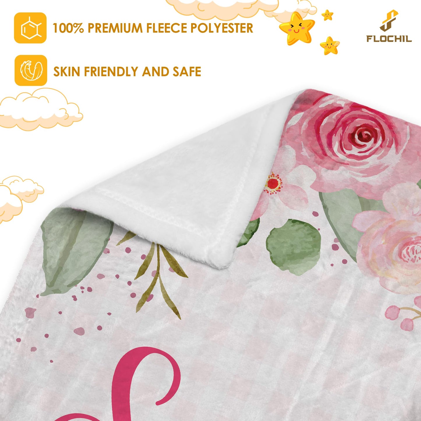 FLOCHIL Personalized Baby Blanket for Girls, Custom Baby Blanket with Name, Customized Floral Baby Blanket, Gift for Baby Shower, Toddler, Babies, Newborn