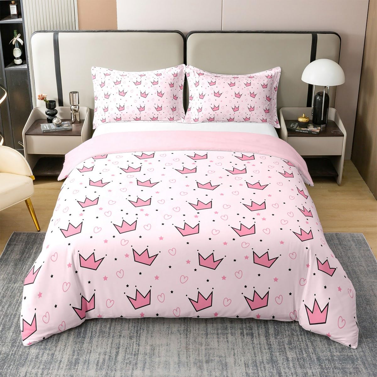 Manfei Princess 100% Cotton Duvet Cover Set Twin Size, Pink Crown Print Bedding Set 2pcs, Cute Crown Hearts Stars Print Quilt Cover, Kids Girls Women Room Decor, 1 Pillowcase,No Comforter