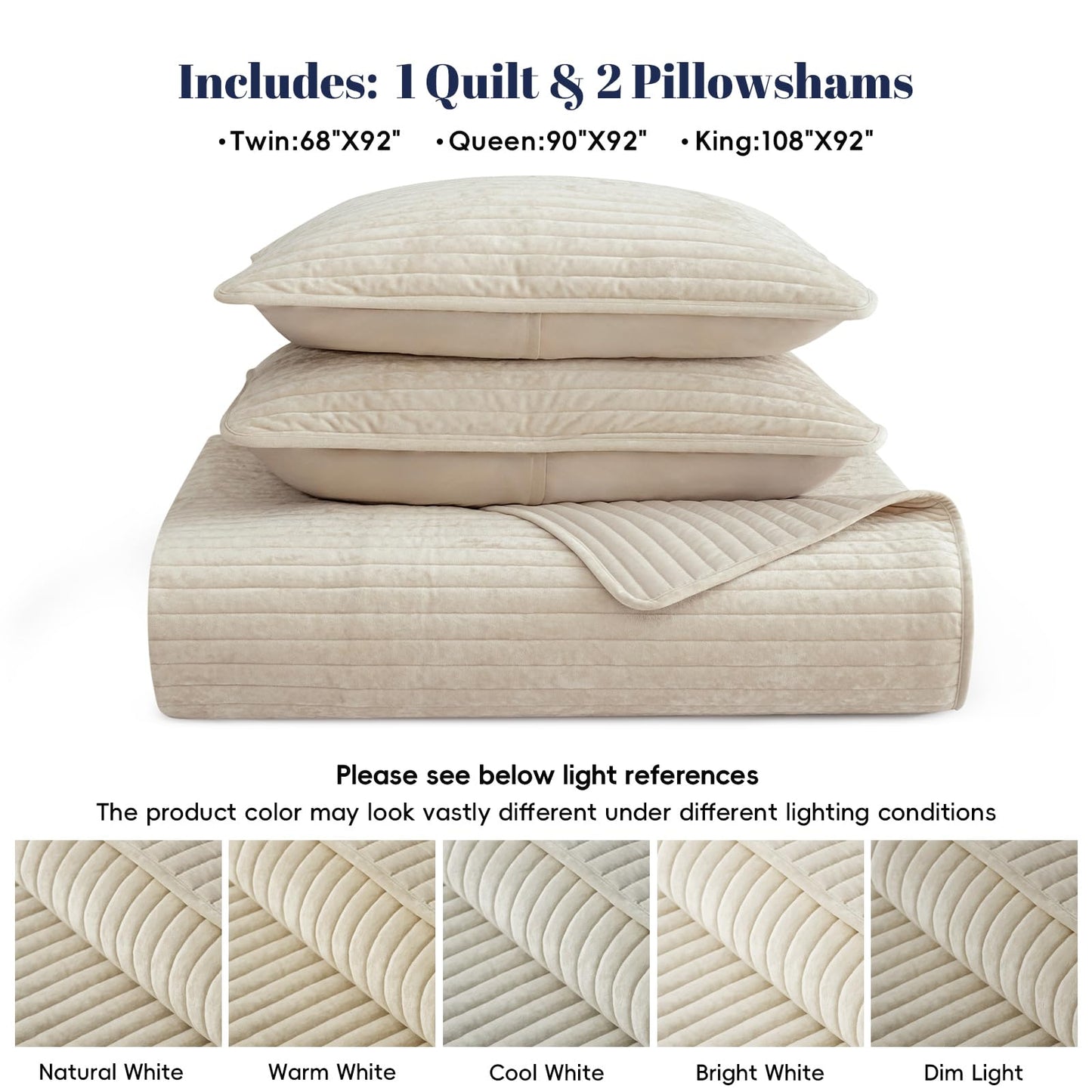PHF Luxury Velvet Quilt Set Queen Size – 3PCS Ultra Soft Quilted Comforter Alternative with Striped Channel, Cozy Quilted Bedspread, 1 Coverlet with 2 Matching Shams, 90" x 92", Sand