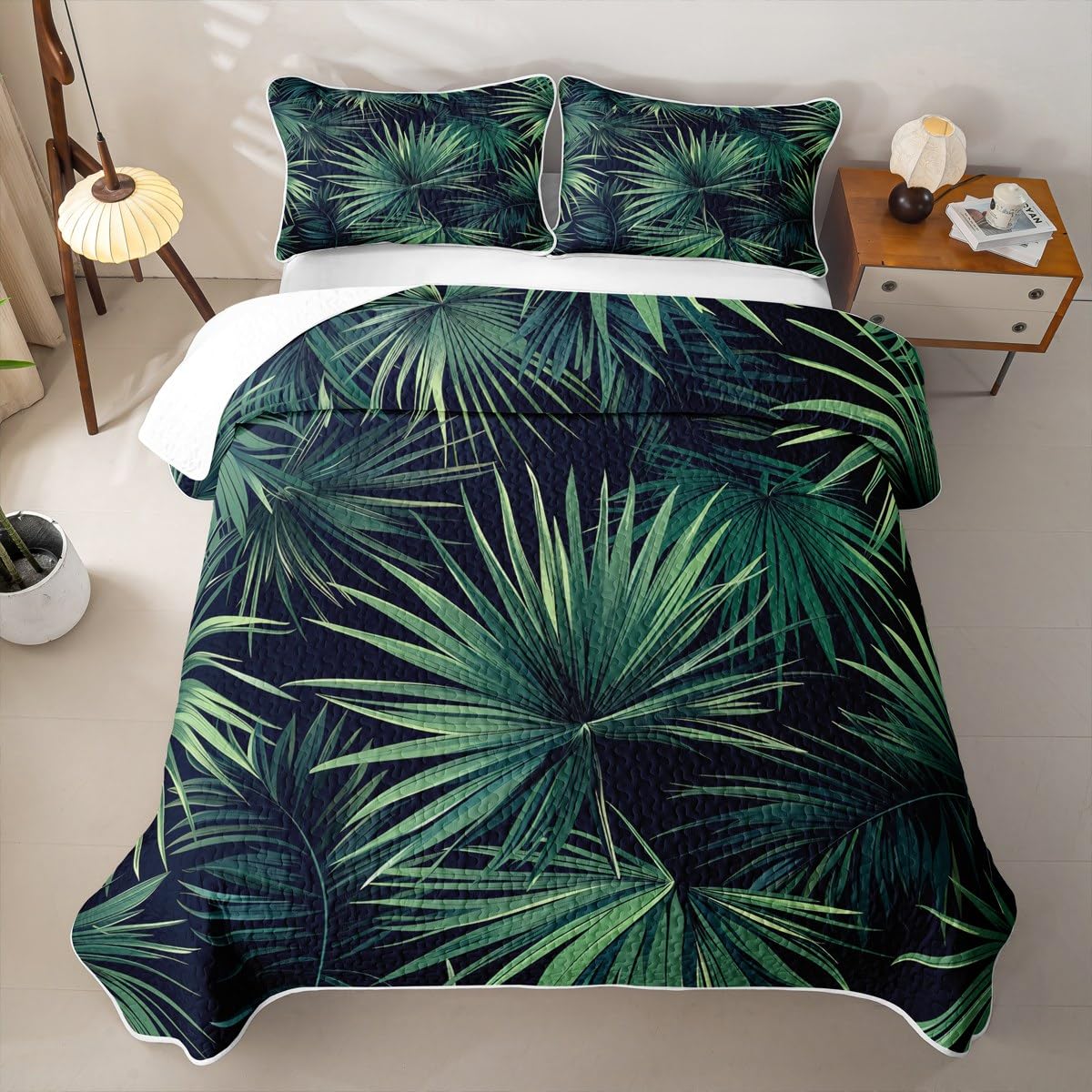 Erosebridal Palm Leaves Quilt Plant Branches Quilt Set Twin Hawaiian Tropical Theme Bedding Coverlet Green Bedspread with 1 Pillowcase