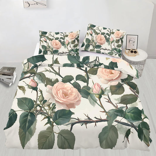 PAISUOQ Pastel Rose Duvet Cover Full, Rustic Florals Bedding, Vintage Boho Comforter Cover with 2 Pillow Cases, 3 Pieces with Zipper & Ties, Bedroom Decor & Gifts