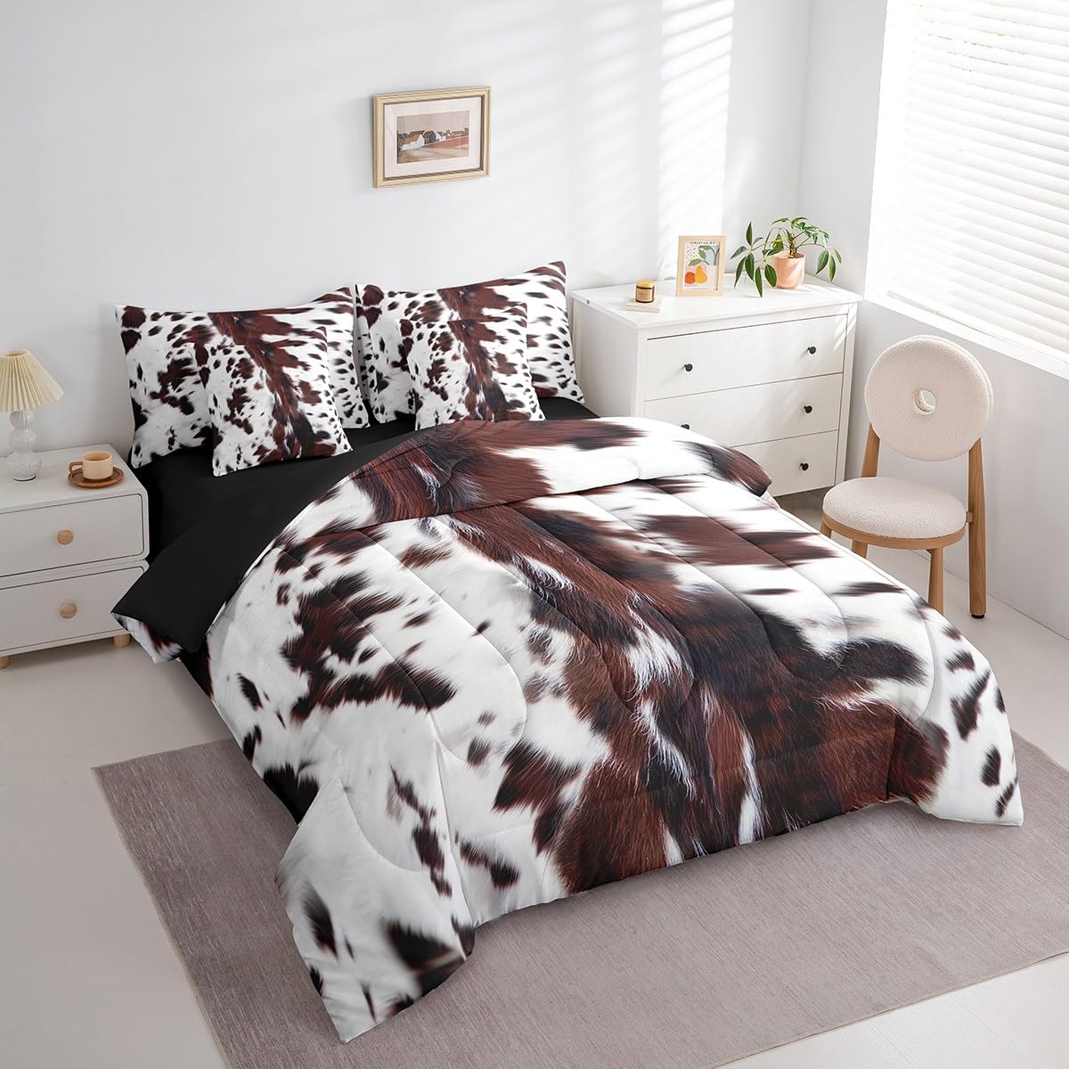 7 Piece Brown Cow Print Bed in a Bag Twin for Boys Girls Teens Western Rustic Farmhouse Theme Sheet Set Wild Animal Fur Print Bedding Set with Comforter, Black White Aztec Cow Print Cushion Covers