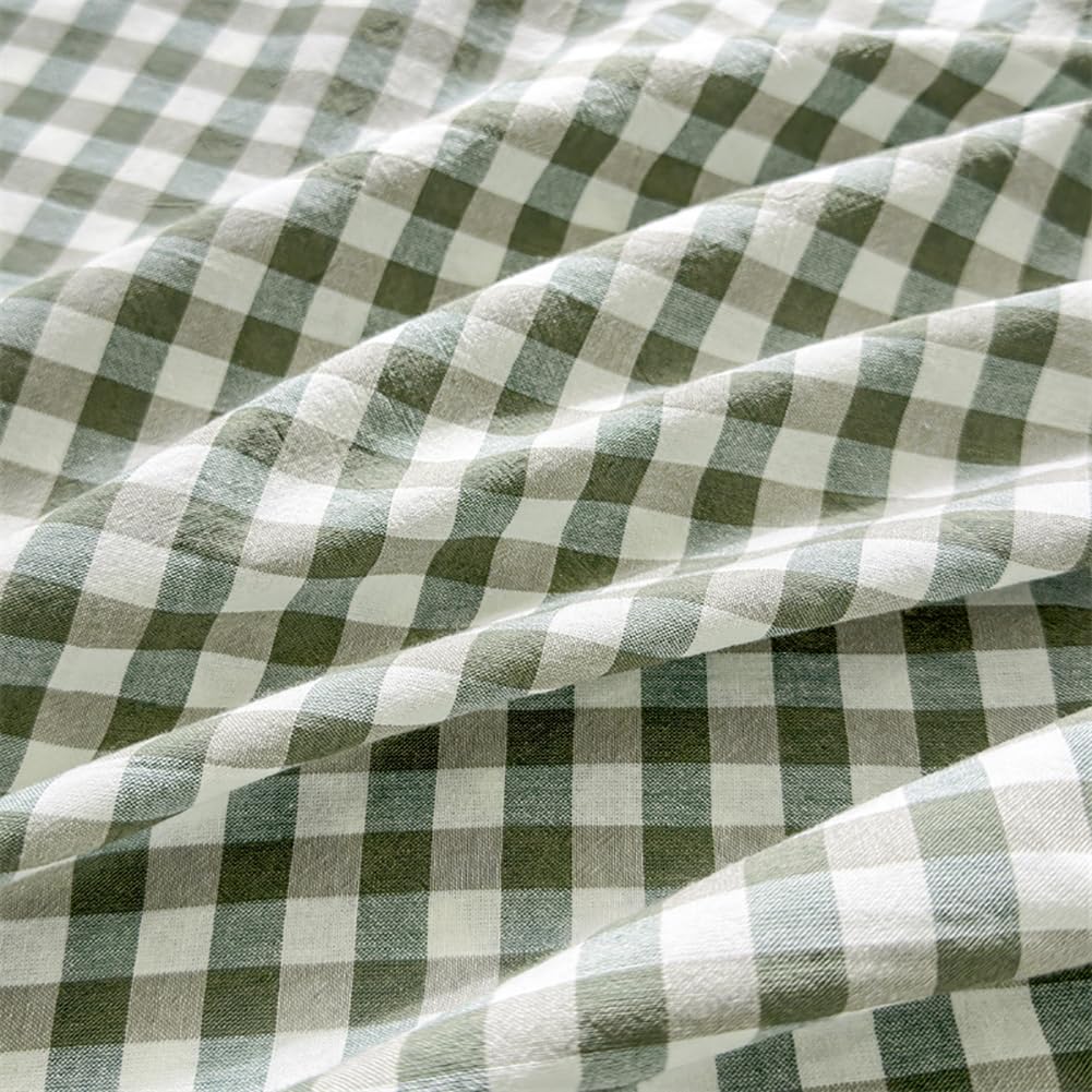 LifeTB Green Gingham Fitted Sheet Queen 1 Piece Plaid Bedding Sheet Soft 100% Washed Cotton Grid Single Bottom Sheet Green Gingham Bed Sheet Cotton Mattress Cover 15" Deep Pocket Farmhouse Grid Sheet