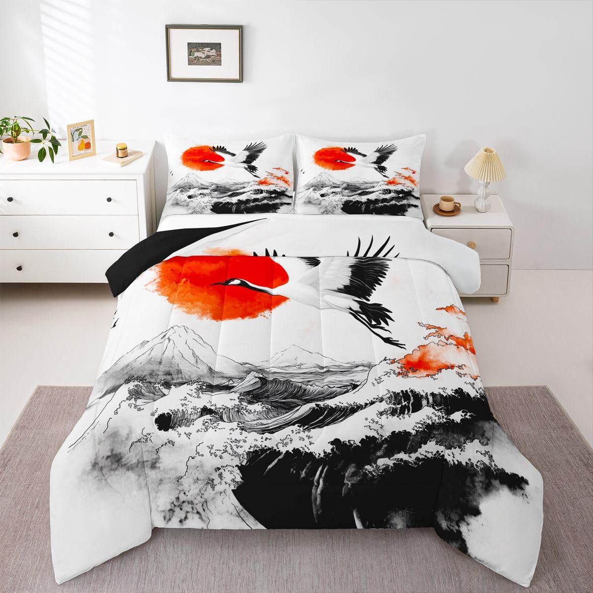 jejeloiu Wave Comforter Set All Season Cranes Bedding Set with 2 Pillow Cases Japanese Style Microfiber Kids Queen Bedclothes Red Sun Bedroom Decor Duvet Quilt Breathable Soft Lightweight