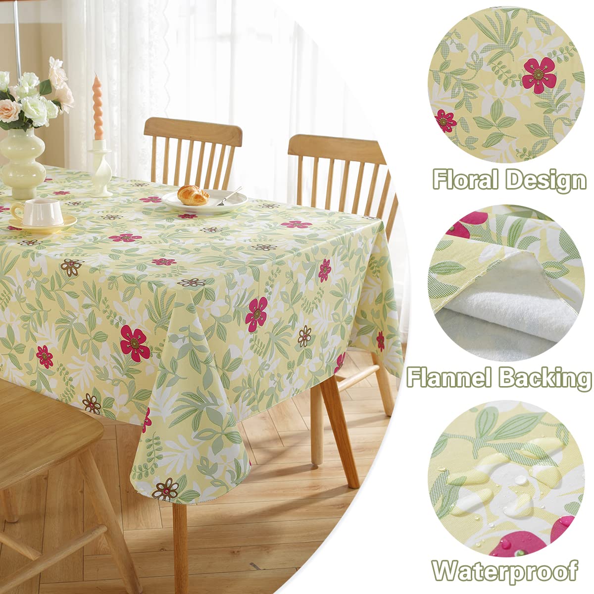 SASTYBALE Spring Summer Vinyl Tablecloth with Flannel Backing Rectangle 52 x 70 Inch, Waterproof Eucalyptus Leaves Table Cloth, PVC Plastic Table Cover for Dining, Party, Picnic, Outdoor