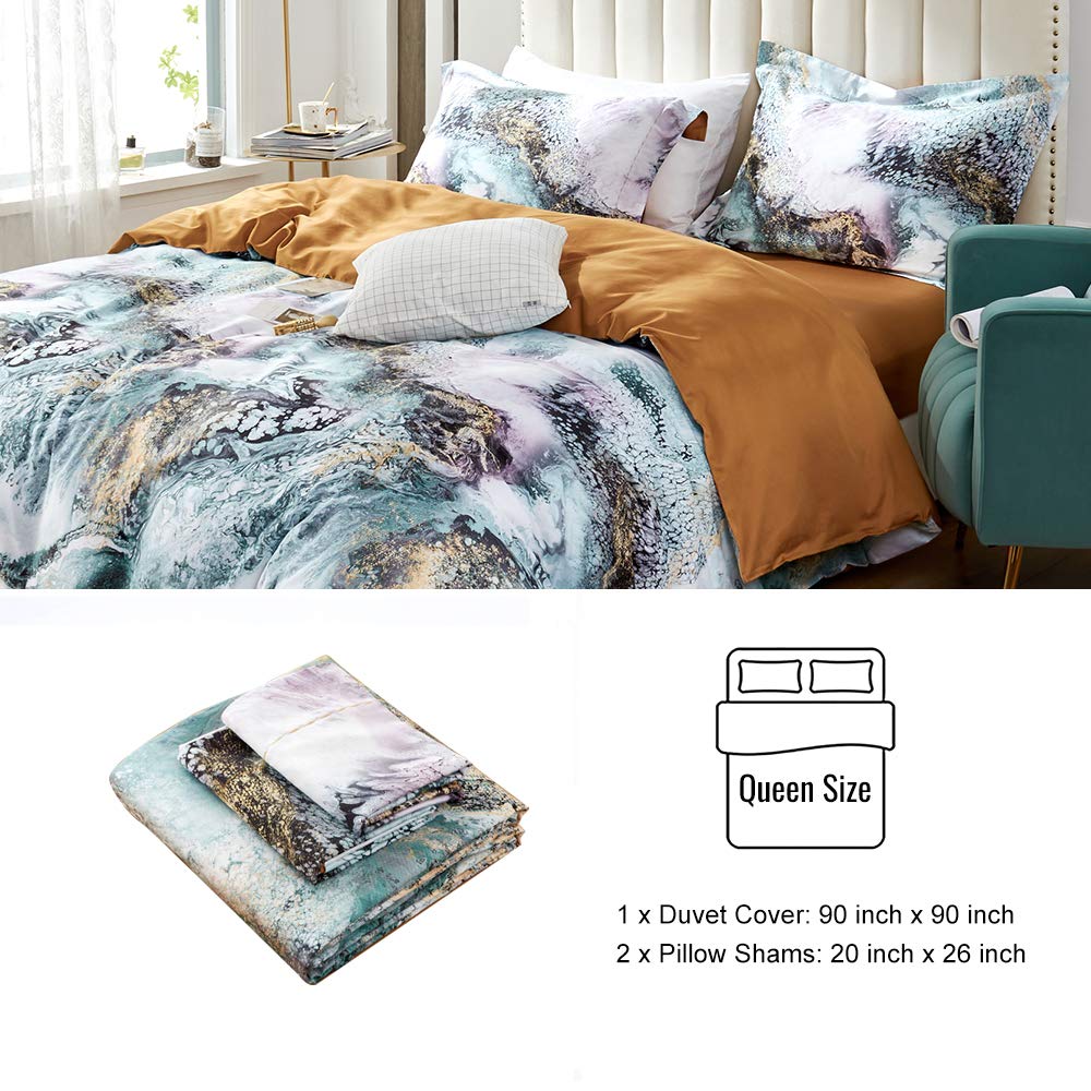 MILDLY 100% Long Staple Cotton Duvet Cover Set Green Golden Grey Mixed Marbling Pattern Printed Comforter Cover Set