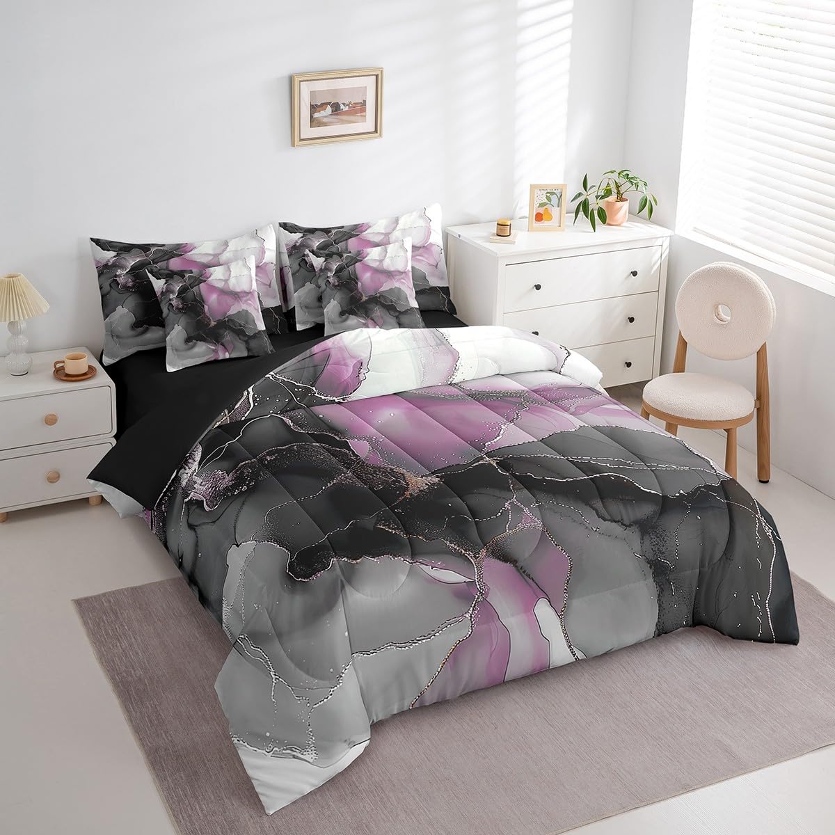 7 Pieces Girls Black and Pink Bedding Comforter Sets Modern Marble Bed in a Bag, Gold Metallic Full Bedding Sets Chic Foil Print Comforter Set, Abstract Mountain Fluid Bedding Sets & Collections