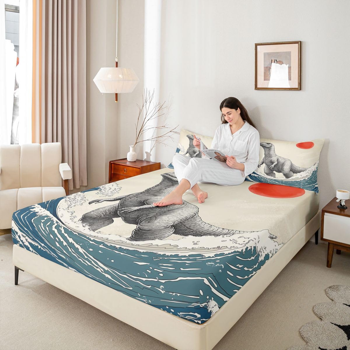 Feelyou Dinosaur Monster Bedding Sheets Full Japanese Ukiyoe Theme Bed Sheet Set for Adult Kids Cool Animal Fitted Sheet Asian Anime Bed Cover 3Pcs,1 Fitted Sheet+2 Pillow Sham（No Flat Sheet）