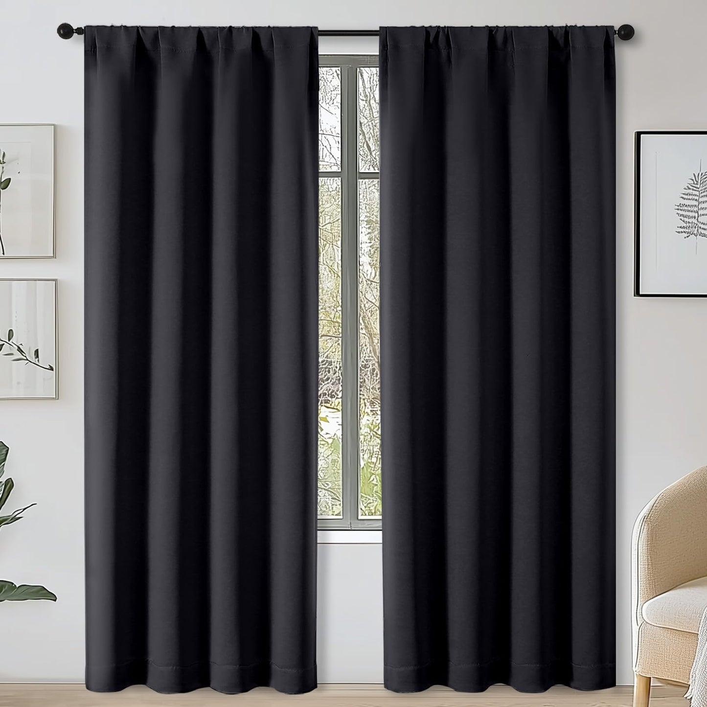 OWENIE Sally Blackout Curtains 84 Inches Long 2 Panels Set for Bedroom Living Room, Solid Thermal Insulated Privacy Room Darkening Window Treatment Drapes, 2 Pcs Each W40 x L84 Inch, Black