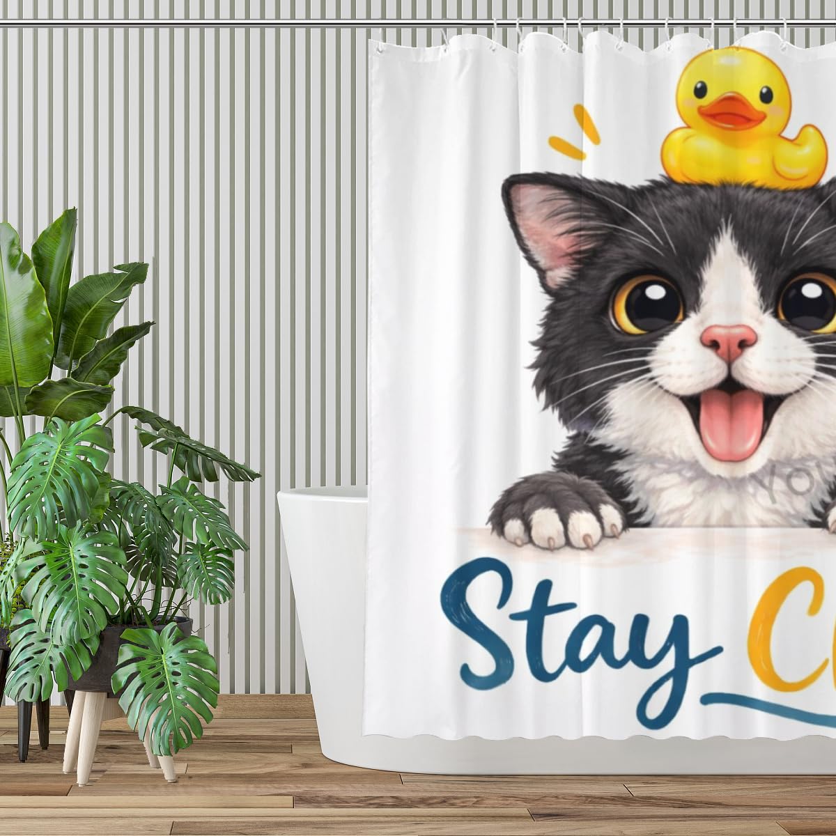 Youtoko Shower Curtain Stay Chill Tuxedo Cat Bathroom Decor 72x72 Inch with 12 Hooks Cute Farm Animal Rubber Duck Quote Waterproof Washable Polyester