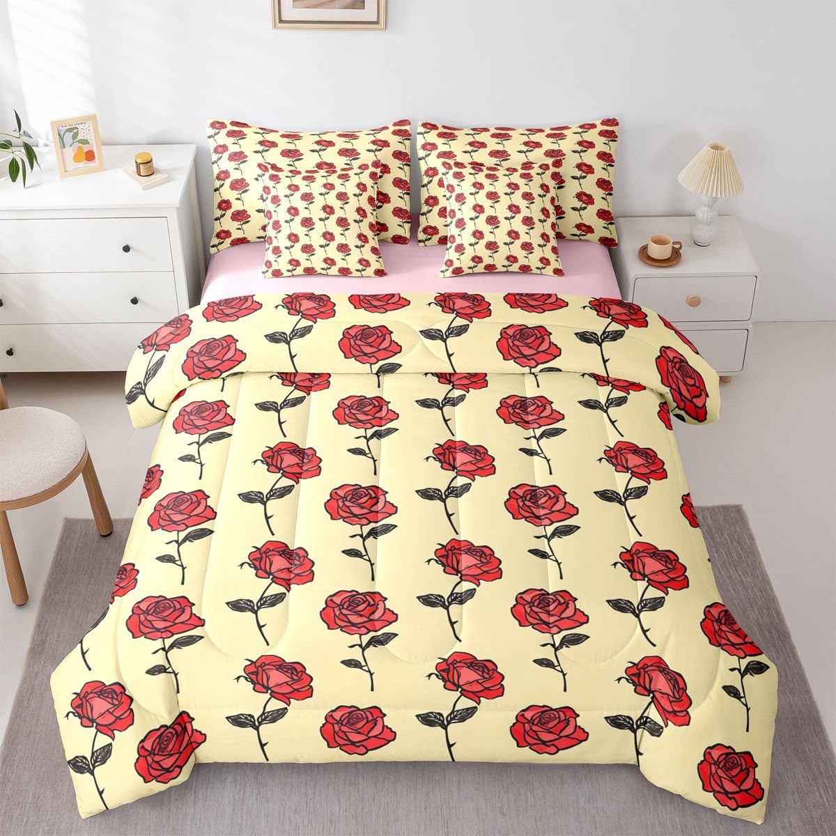 Erosebridal Flower 7 Piece Bedding Set Twin Rose Comforter Set with Sheets Simple Line Drawing Florals Romantic for Kids Boys Girls Red Roses Farmhouse Botanical Bed in a Bag