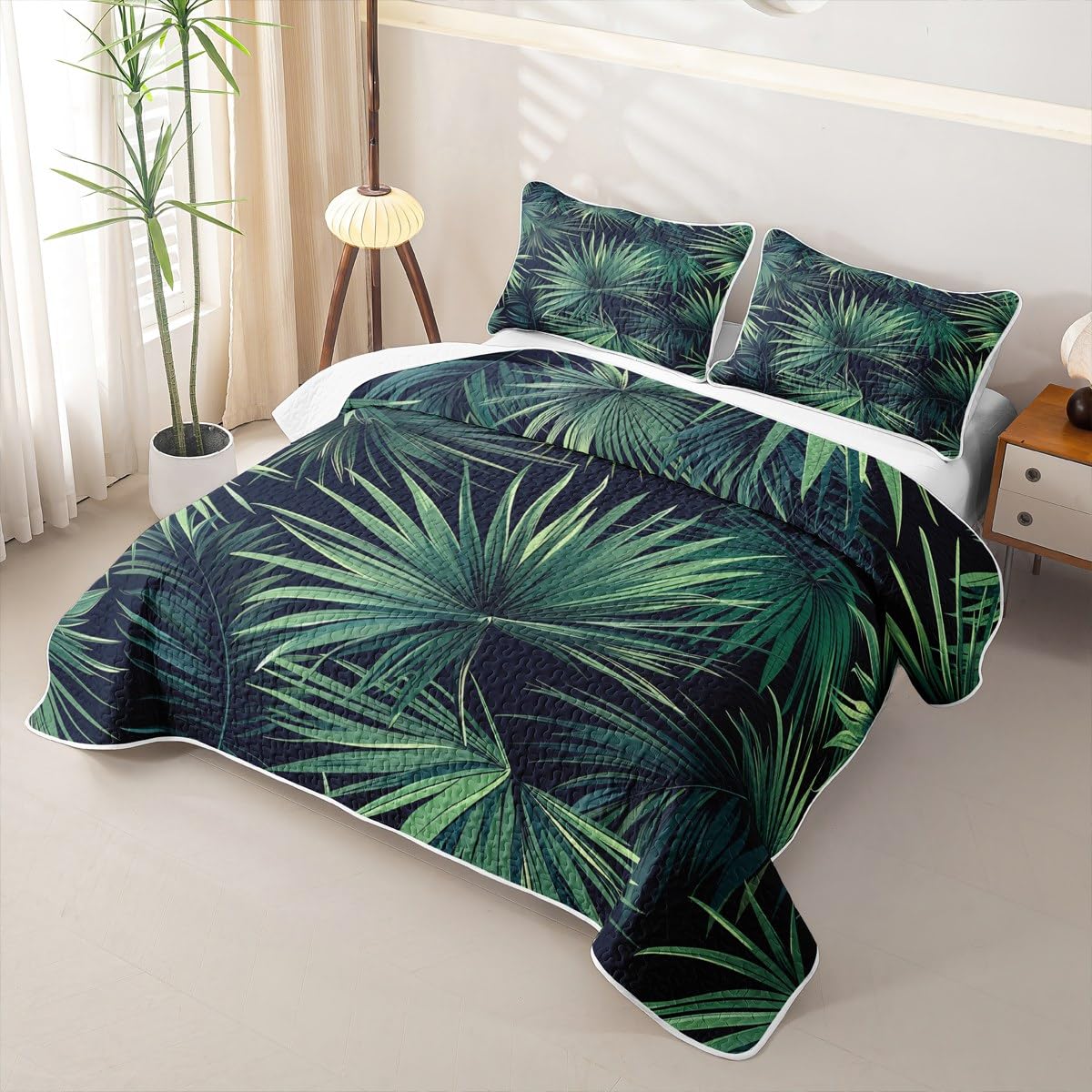 Erosebridal Palm Leaves Quilt Plant Branches Quilt Set Twin Hawaiian Tropical Theme Bedding Coverlet Green Bedspread with 1 Pillowcase