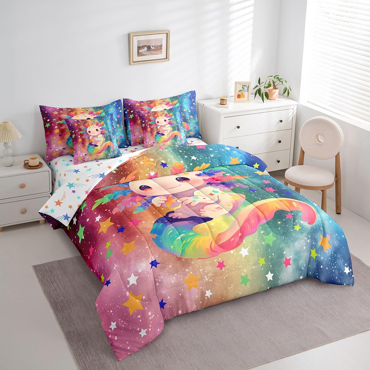 Feelyou Kids Cute Axolotl 7 Pieces Bedding Set Twin Size, Cartoon Animal Bed in A Bag Boys Girls Kawaii Ocean Sealife Comforter Set with Sheets Rainbow Teens Bed Set Bedroom Decor 7Pcs